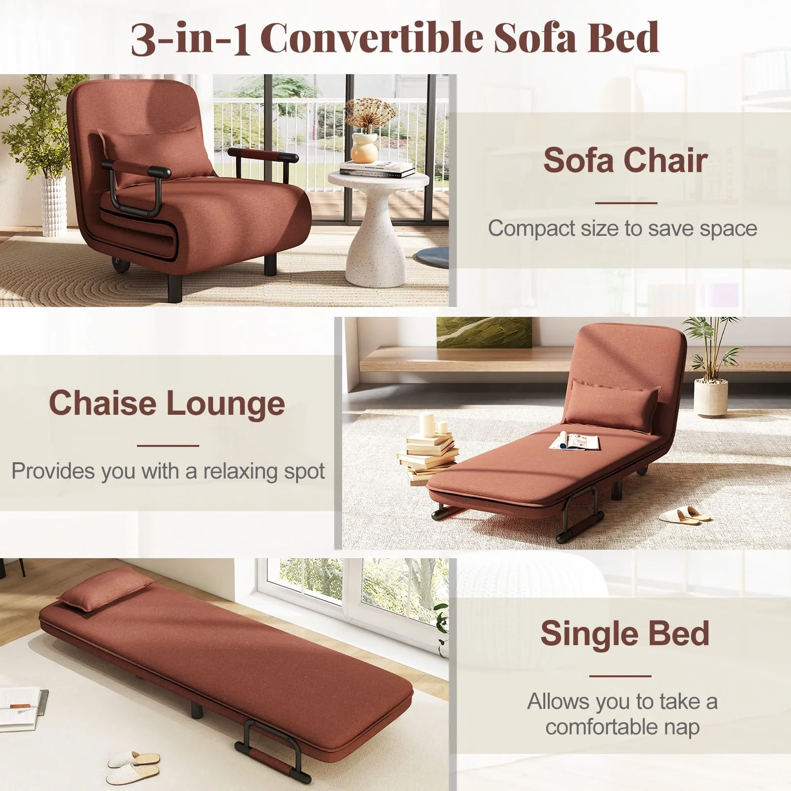 Costway Single Folding Sofa Bed Chair Modern Fabric Sleep Function Holder-Coffee in Dark Brown 5