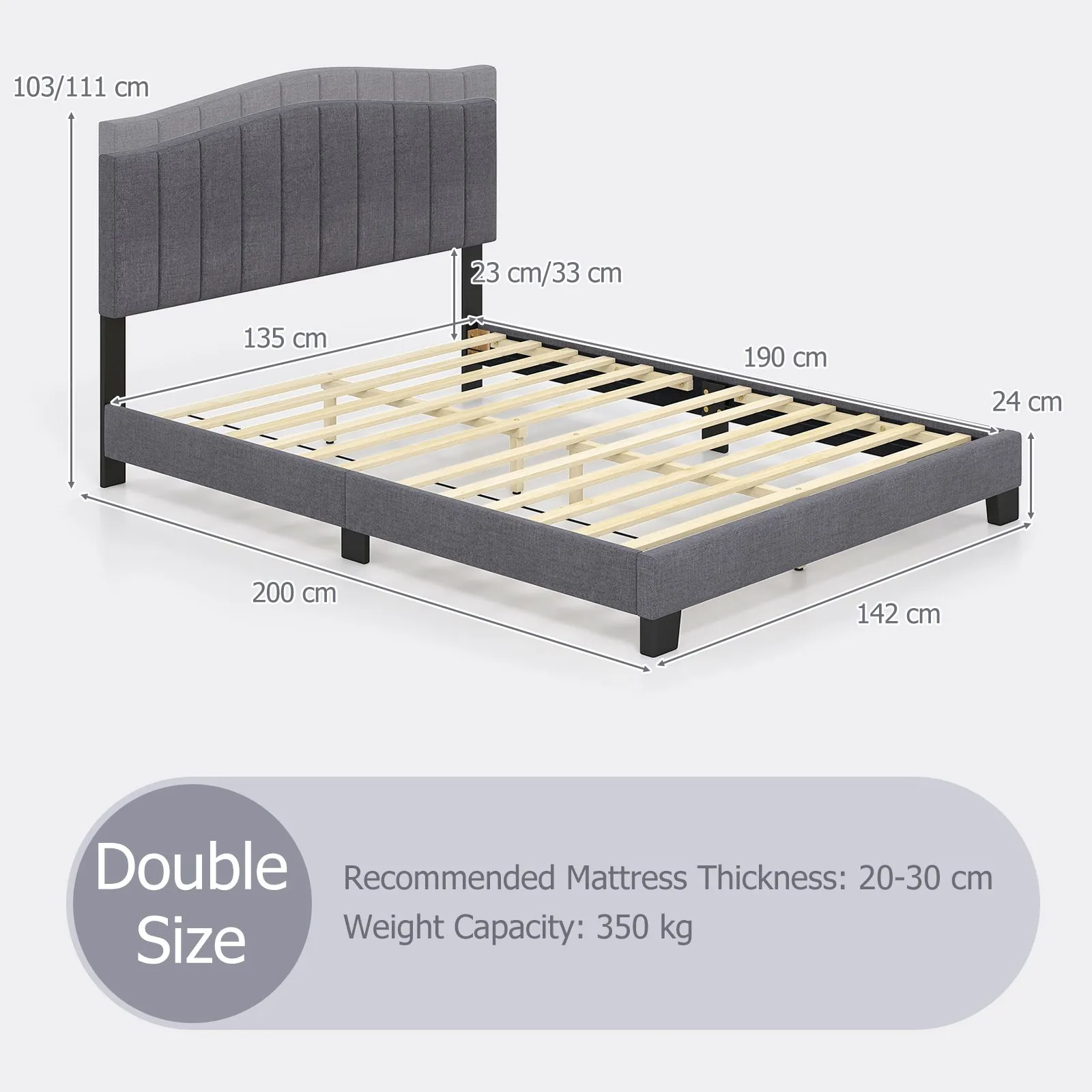 Costway Modern Upholstered Bed Frame Double Size Platform Bed in Grey 2