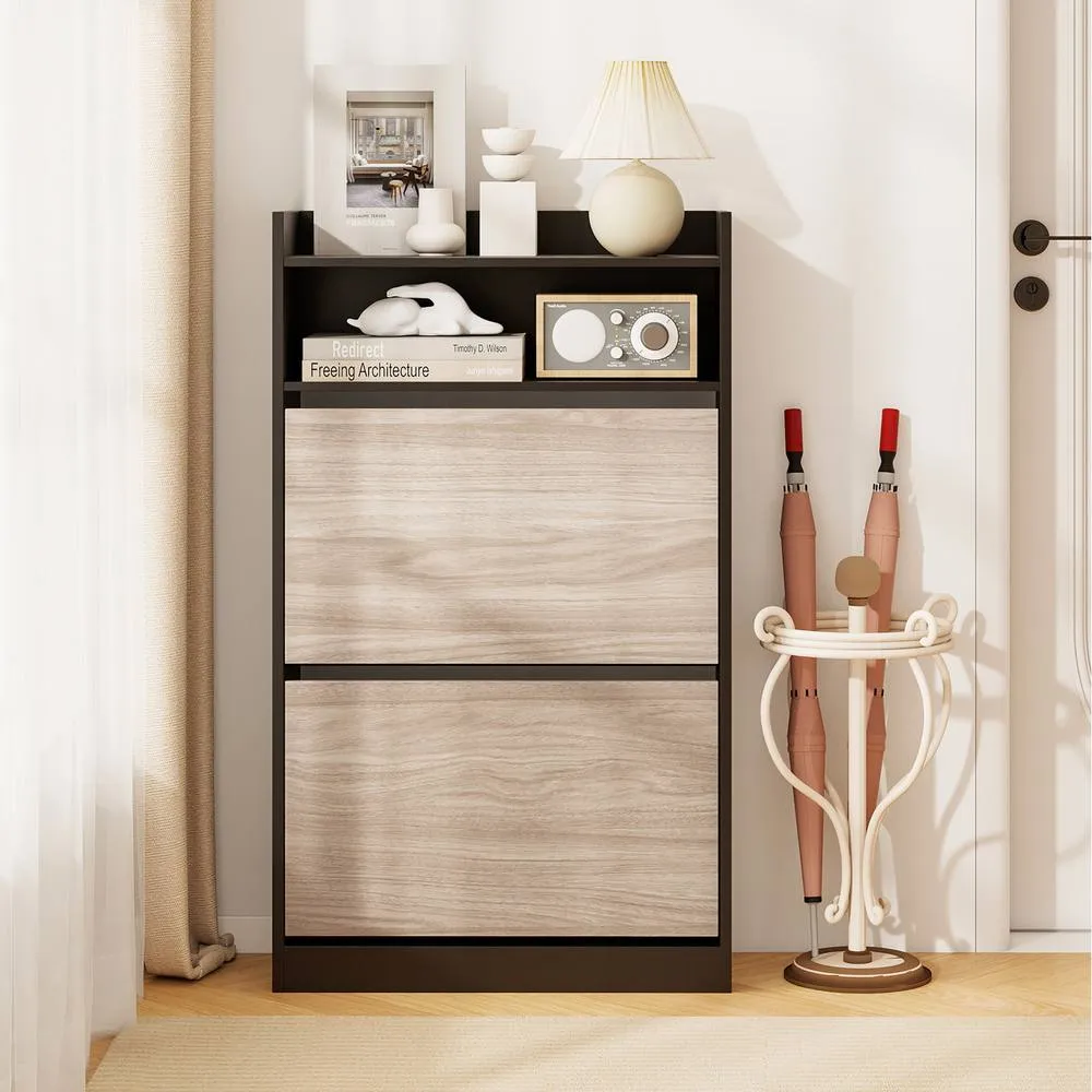 Costway Slim Hidden Narrow Shoe Organizer Cabinet with Open Storage-Black in Black 5