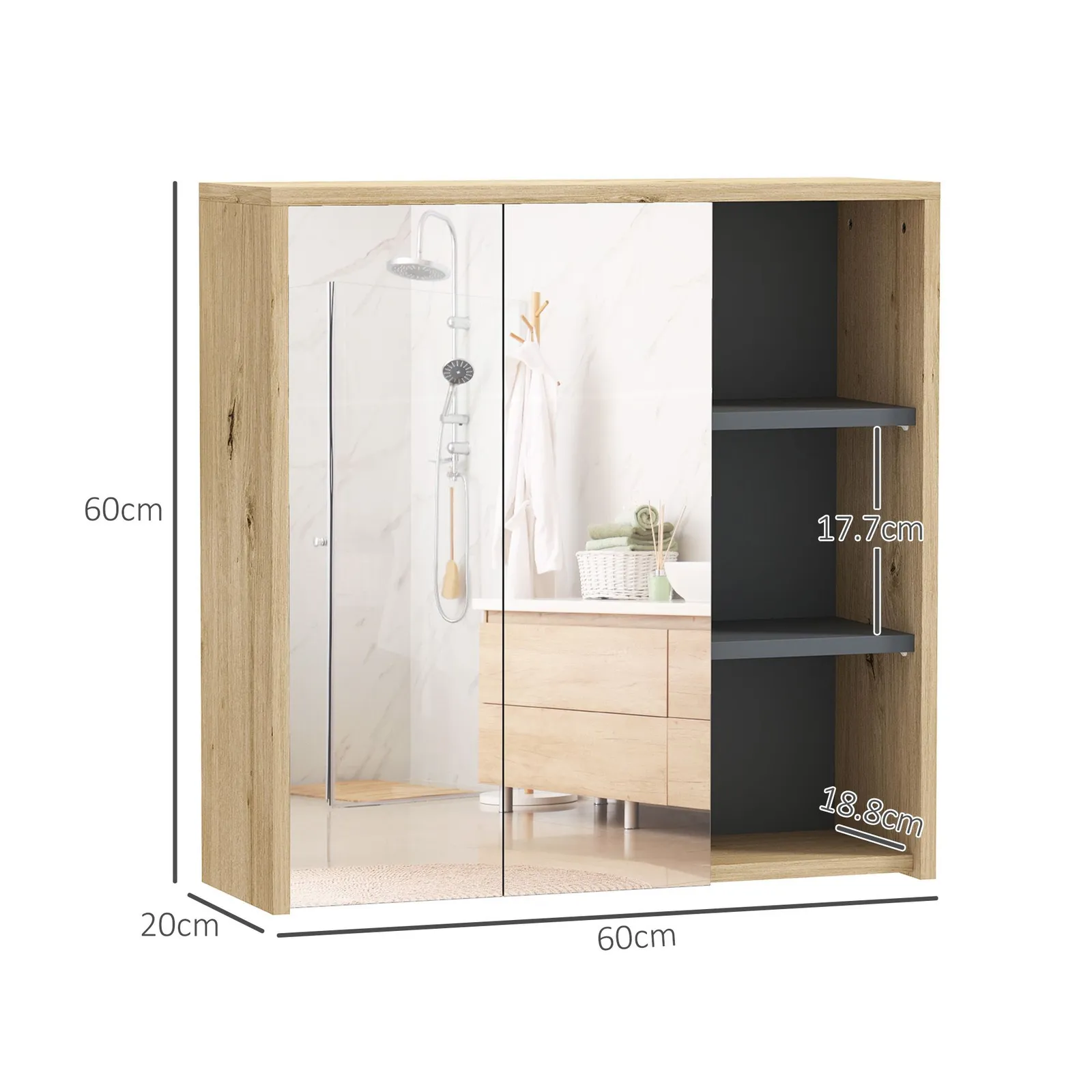 HOMCOM Bathroom Cabinet Wall Mounted Mirror Storage with Shelves Natural 3