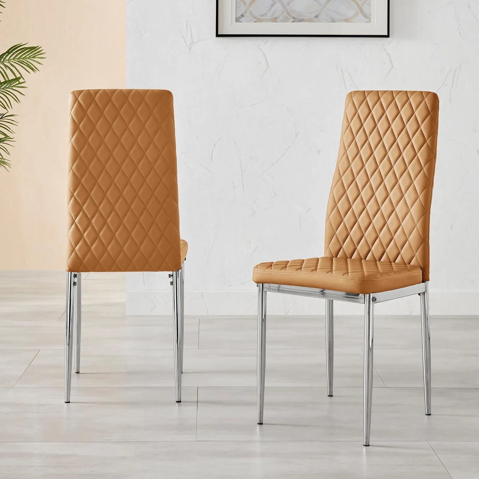 FurnitureboxUK Set of 6 Milan High Back Soft Touch Diamond Pattern Faux Leather Dining Chairs With Silver Chrome Metal Legs in Mustard 3