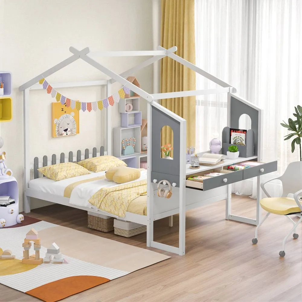 Costway Double House Bed Wood Montessori Bed Frame Playhouse Bed w/Desk in White 3