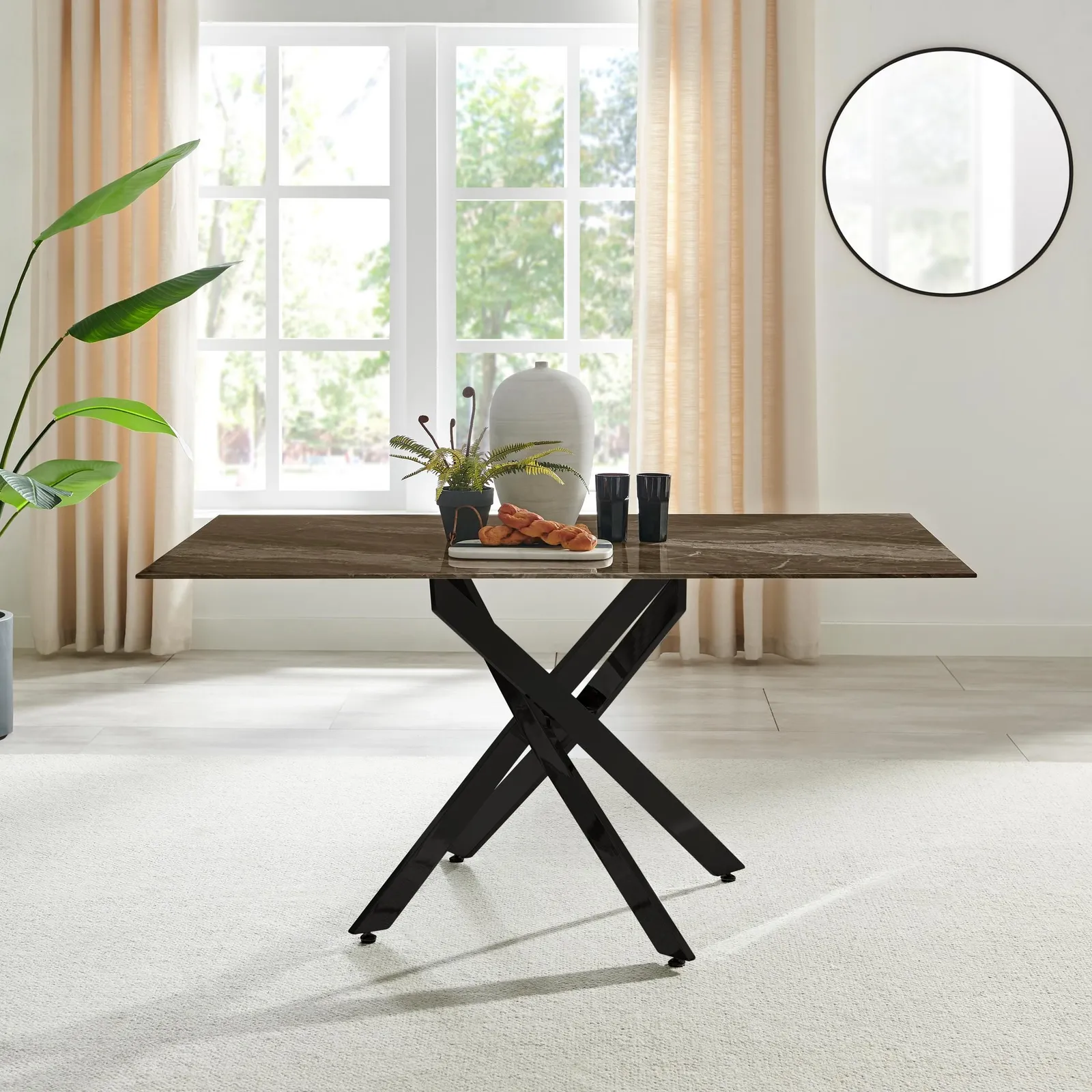 FurnitureboxUK Leonardo 6-Seater Dining Table With Marble Effect Glass Top & Black Metal Legs in Dark Brown
