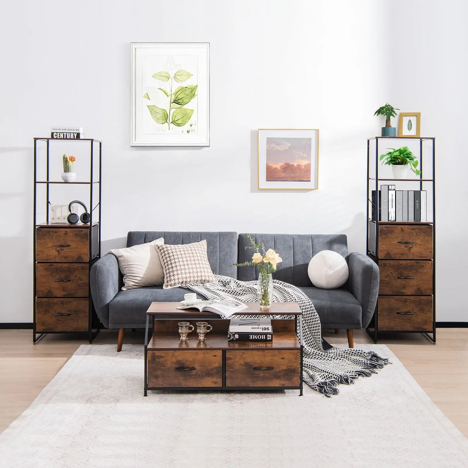 Costway Industrial Bookshelf 3Drawer Dresser Narrow Storage Rack w/ Steel Frame in Brown 6