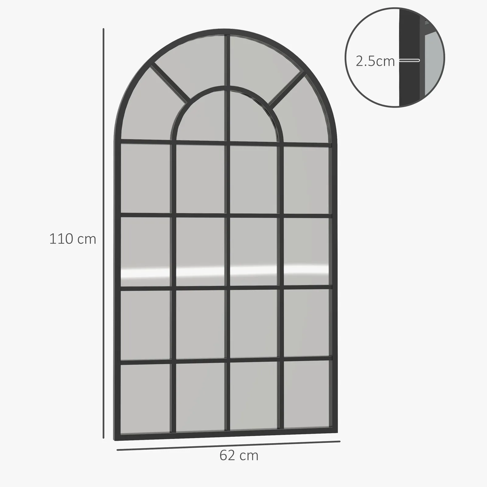 HOMCOM 110 x 62 cm Arch Window Wall Mirror for Living Room Bedroom Hallway in Black 3