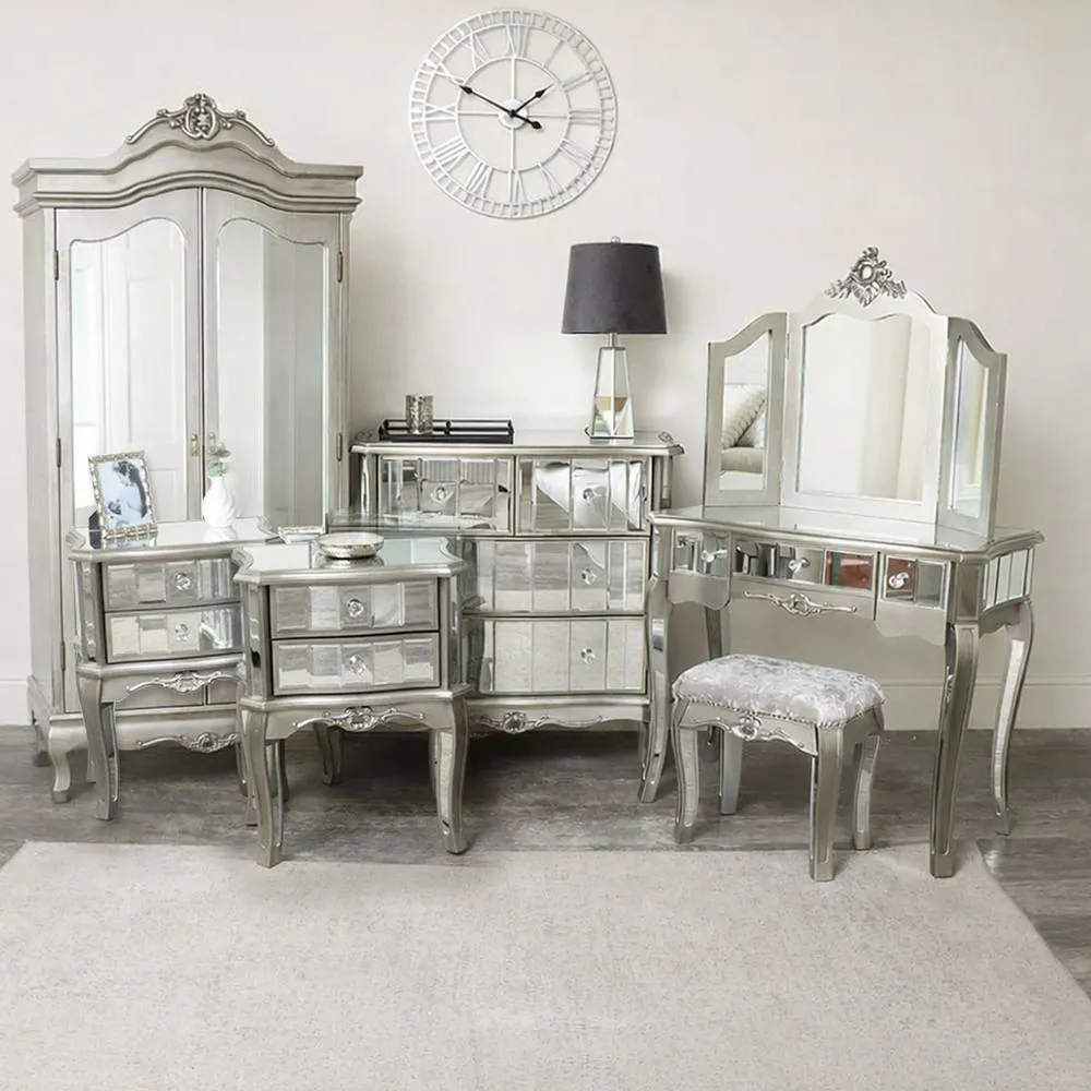 Melody Maison Wardrobe, Chest, Dressing Table Set & Bedside Tables - Tiffany Range in Silver