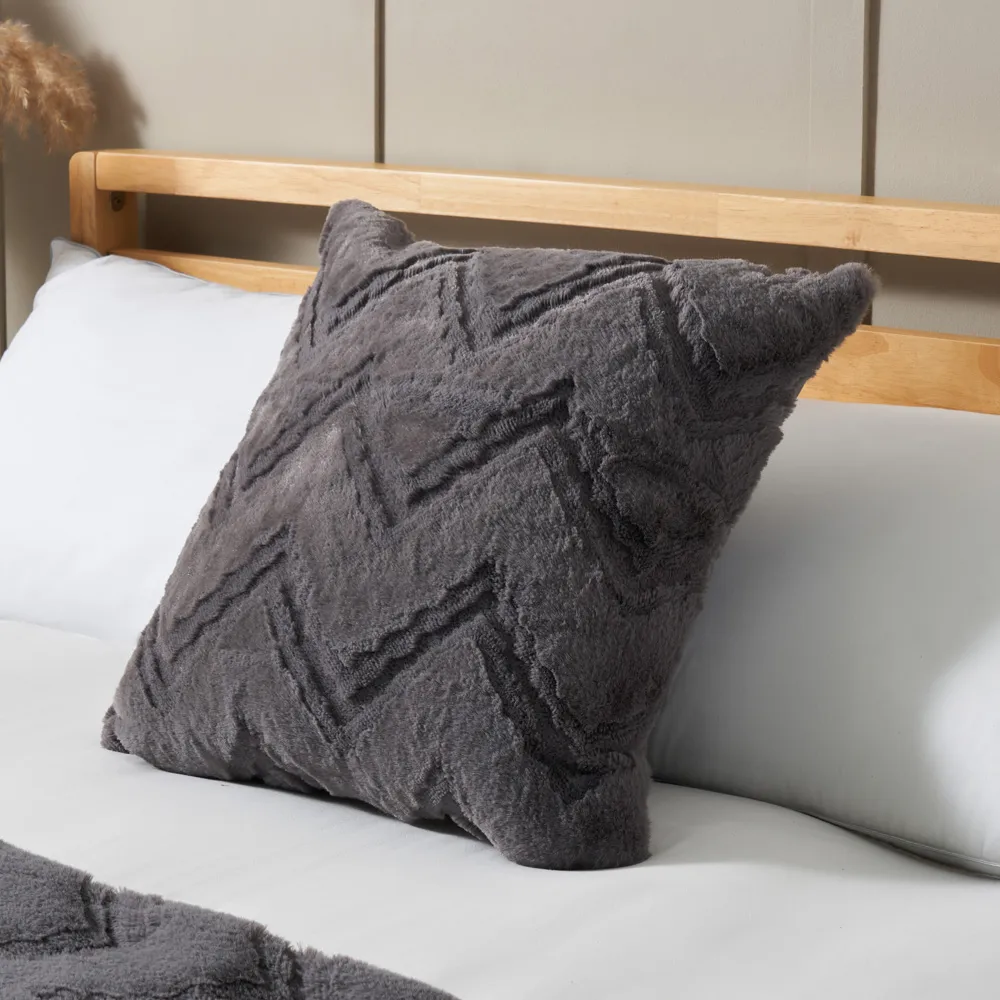 Chevron Faux Fur Cushion, Charcoal 1