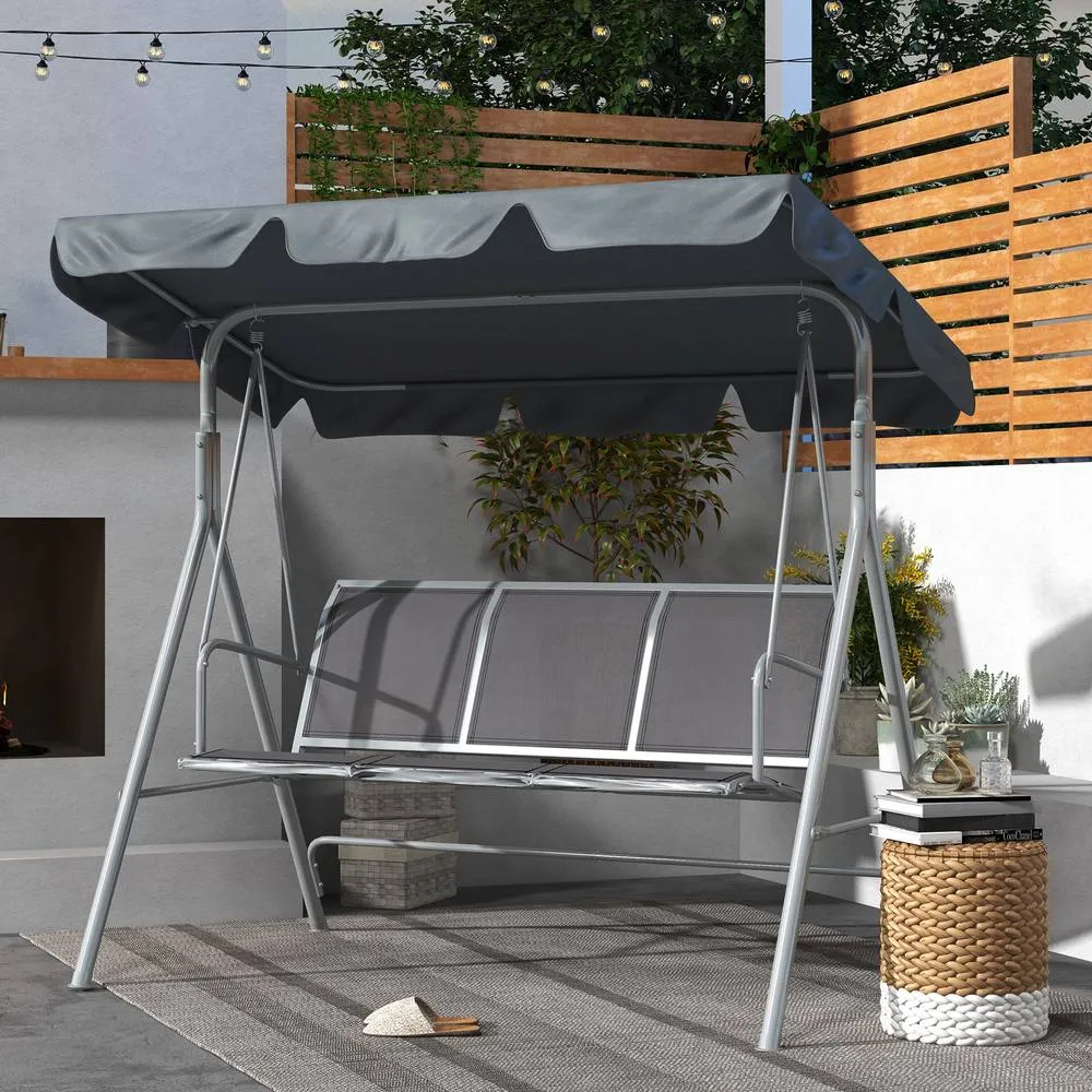 OUTSUNNY Metal Swing Chair 3 Seater Patio Bench w/ Canopy, Dark Grey