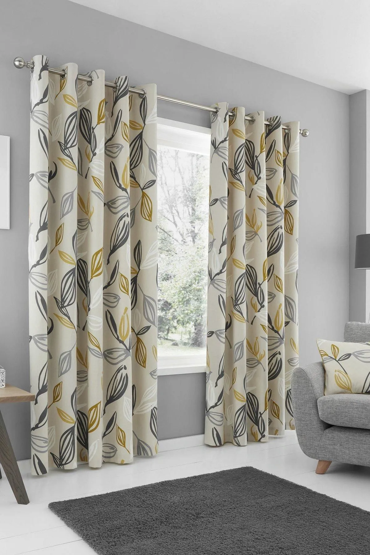 Fusion 'Ensley' Minimalist Leaf Print Filled Cushion 100% Cotton in Mustard 2