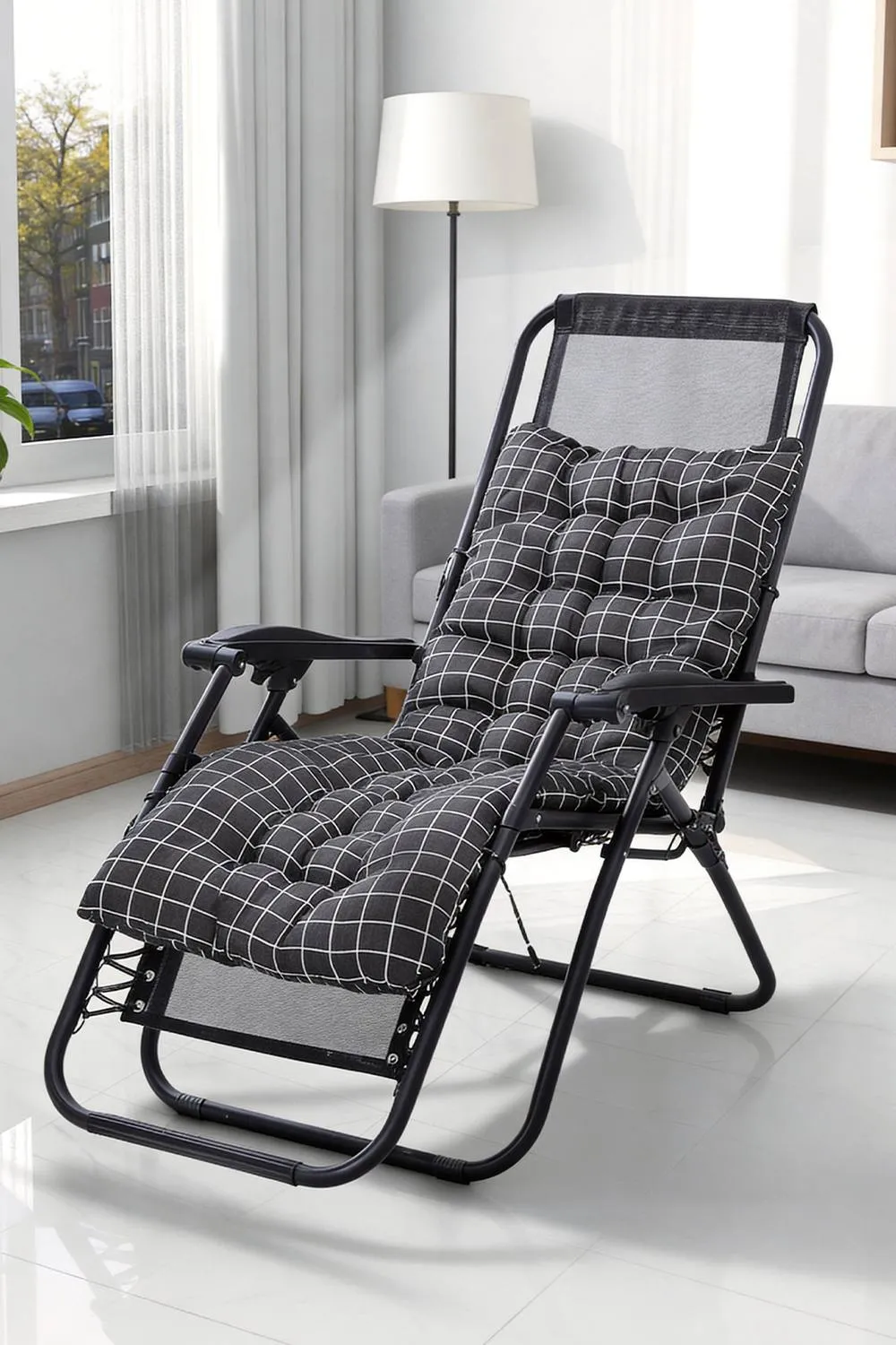 Living and Home 110cm L x 40cm W Plaid Print Beach Chair Seat Cushion Button Tufted Lounge Cushion in Black
