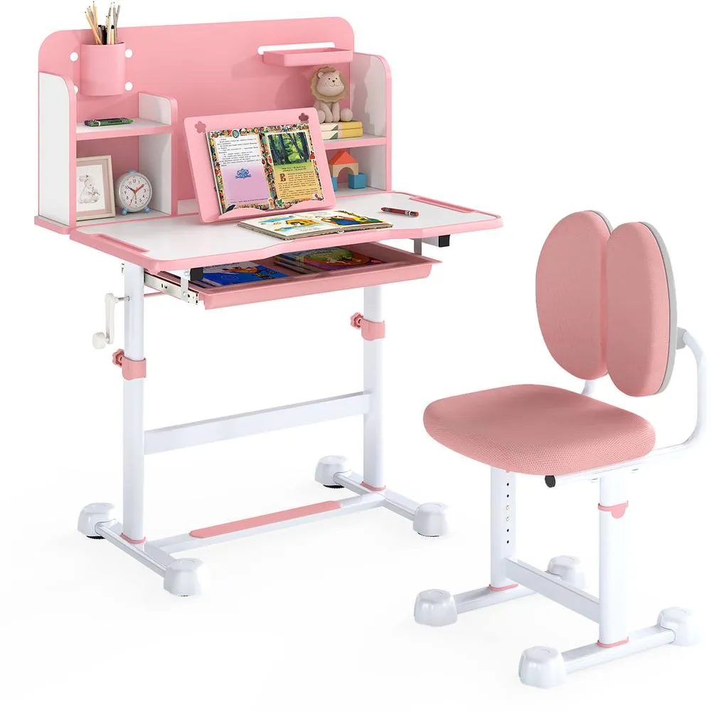 Costway Kid's Study Desk & Chair Set Adjustable Desk-Pink in Pink 5