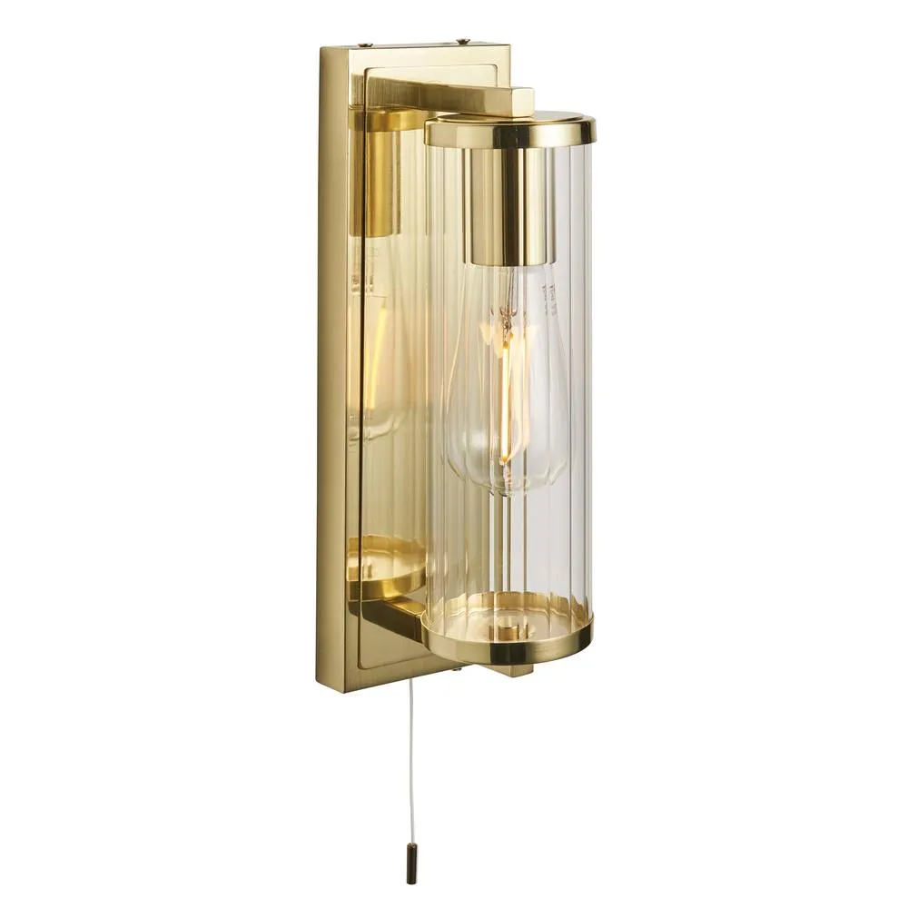 Netlighting Taylor Bathroom Wall Lamp Satin Brass Clear Ribbed Glass in Gold