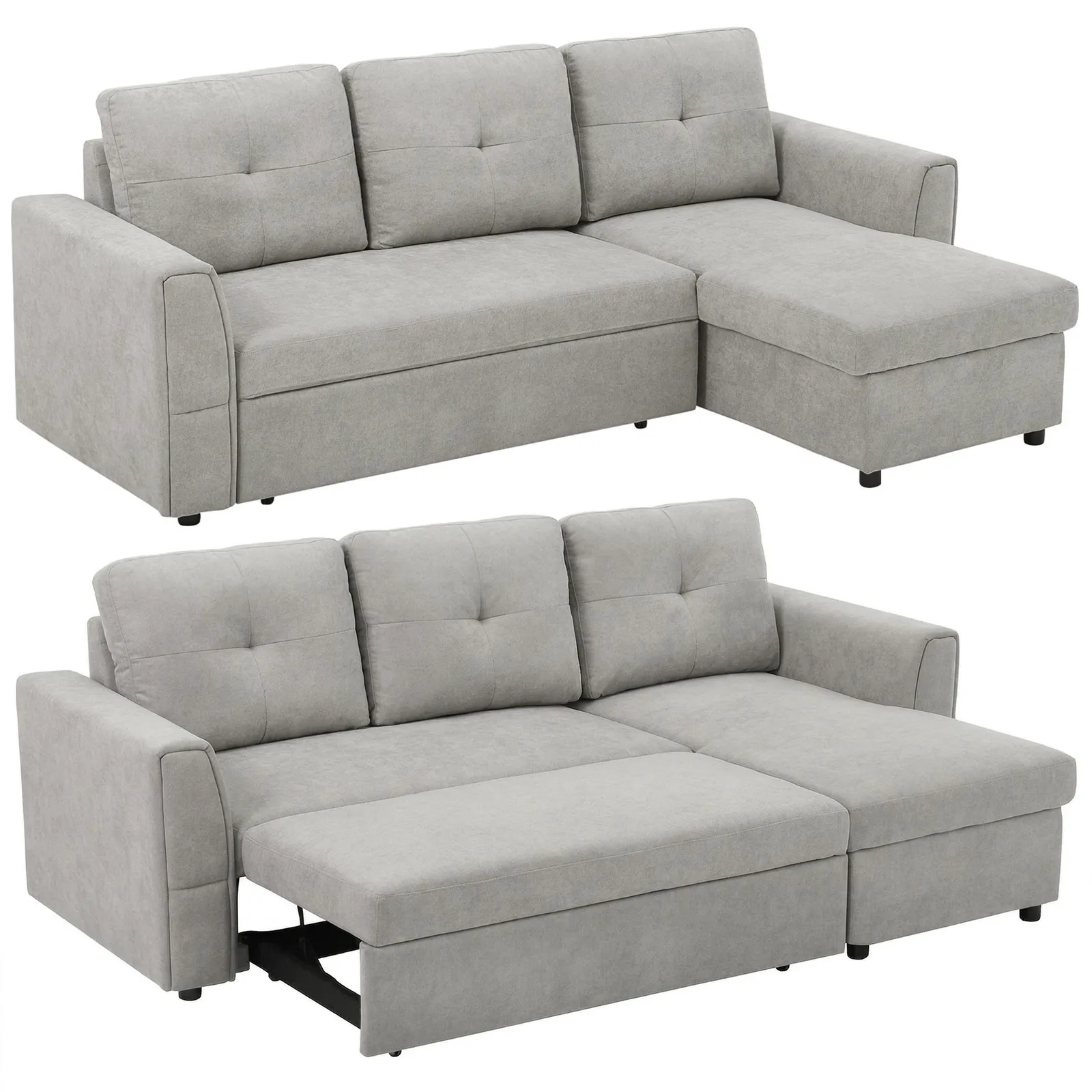HOMCOM Linen-Look L-Shaped Sofa Bed with Storage Bed Sleeper Flat Studio in Grey 2