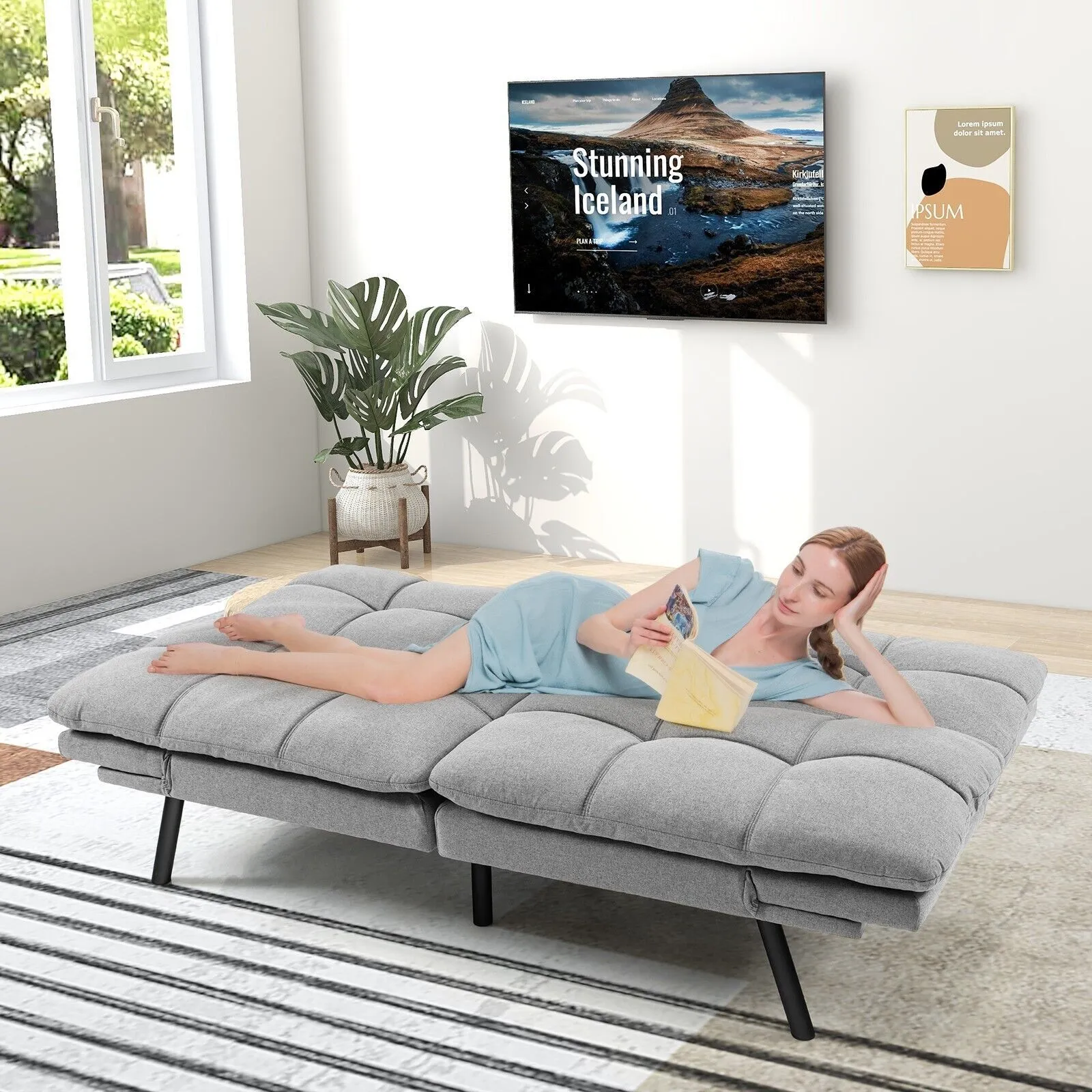 Costway 2 Seat Convertible Loveseat Sofa Bed Memory Foam Sleeper Couch 3-level Adjust in Grey 4