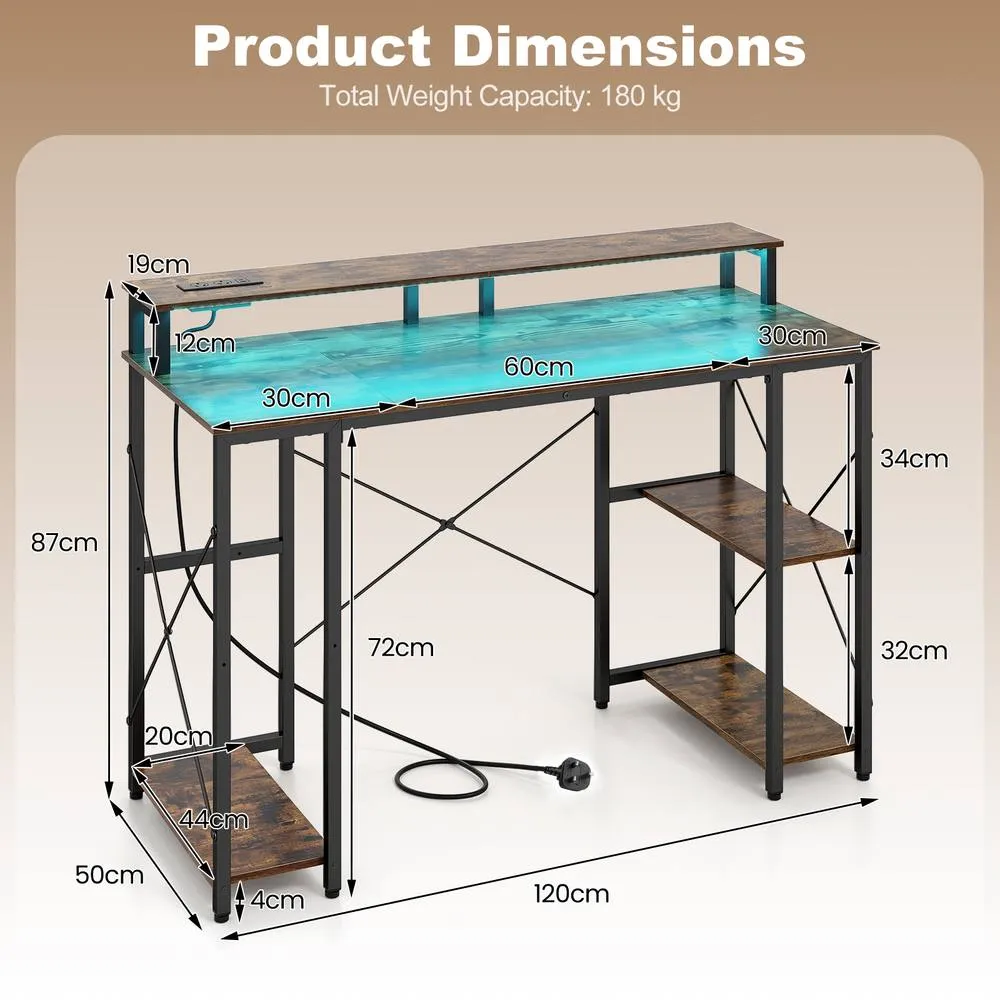 Costway 120cm Desk w/ Charging Station & LED Lights Gaming Table in Brown 2