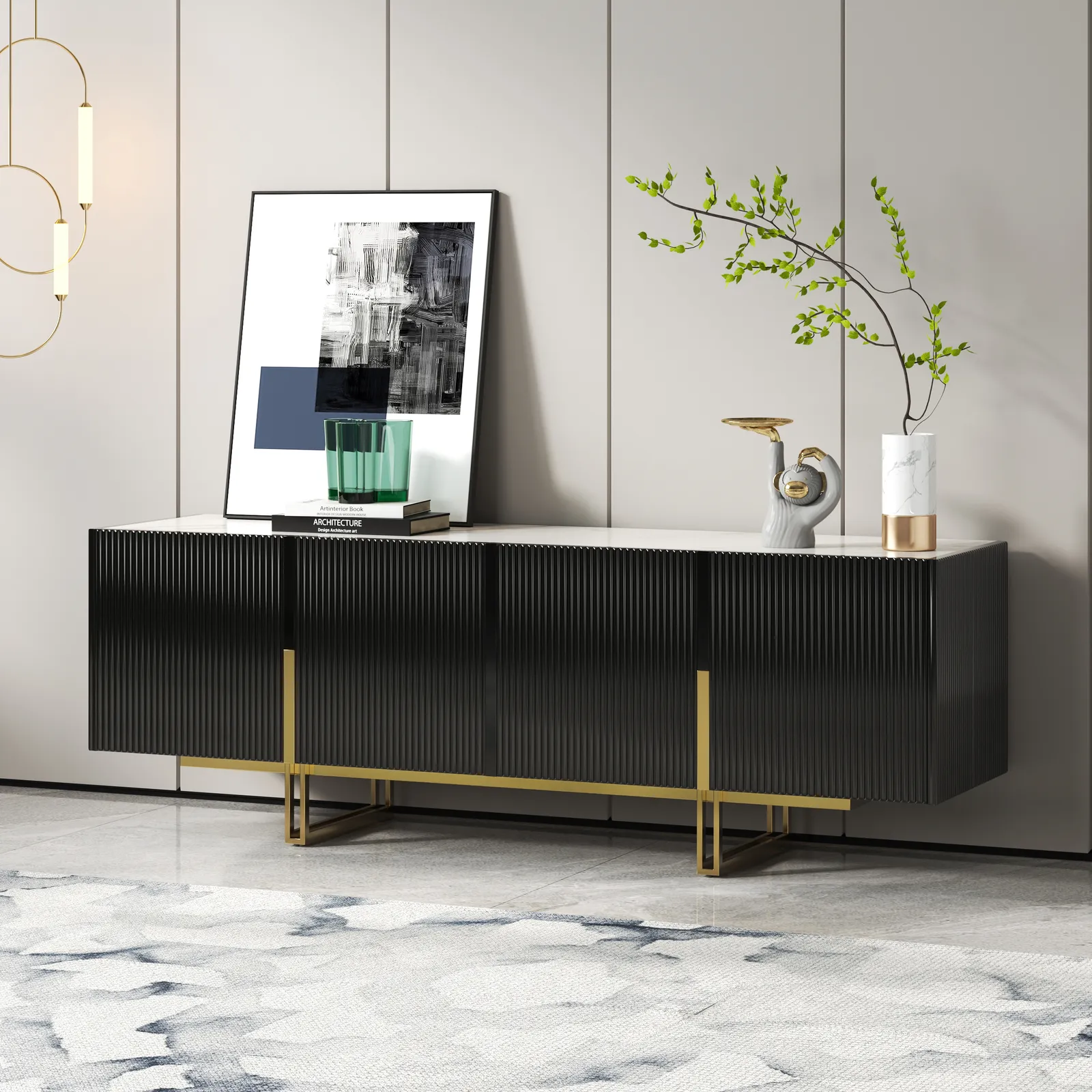 Grovyn 150 cm Sintered Stone Top Fluted TV Stand with Spacious Cabinets