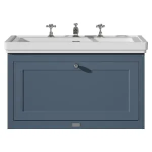 Bayswater Hartleigh Stiffkey Blue Traditional Wall Hung Vanity Unit & 3 Tap Hole Traditional Recessed Basin - 800mm