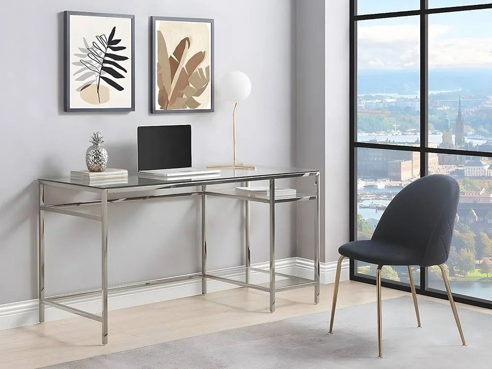 Vente-unique 2-Shelves Desk - Tempered Glass & Steel - Silver - TIZIO in Clear