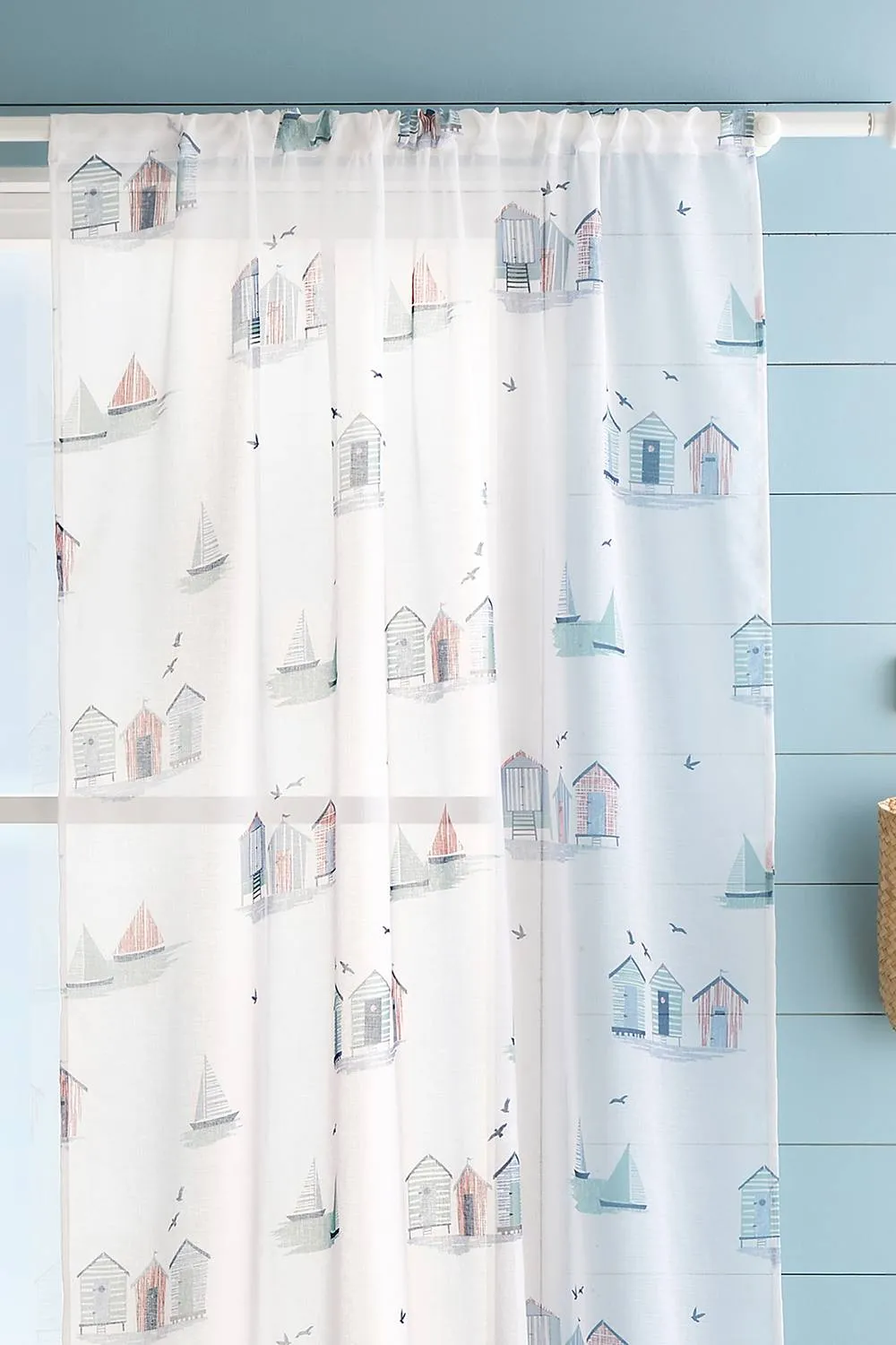 Fusion 'Beach Huts' Coastal Themed Voile Panel in Blue 2
