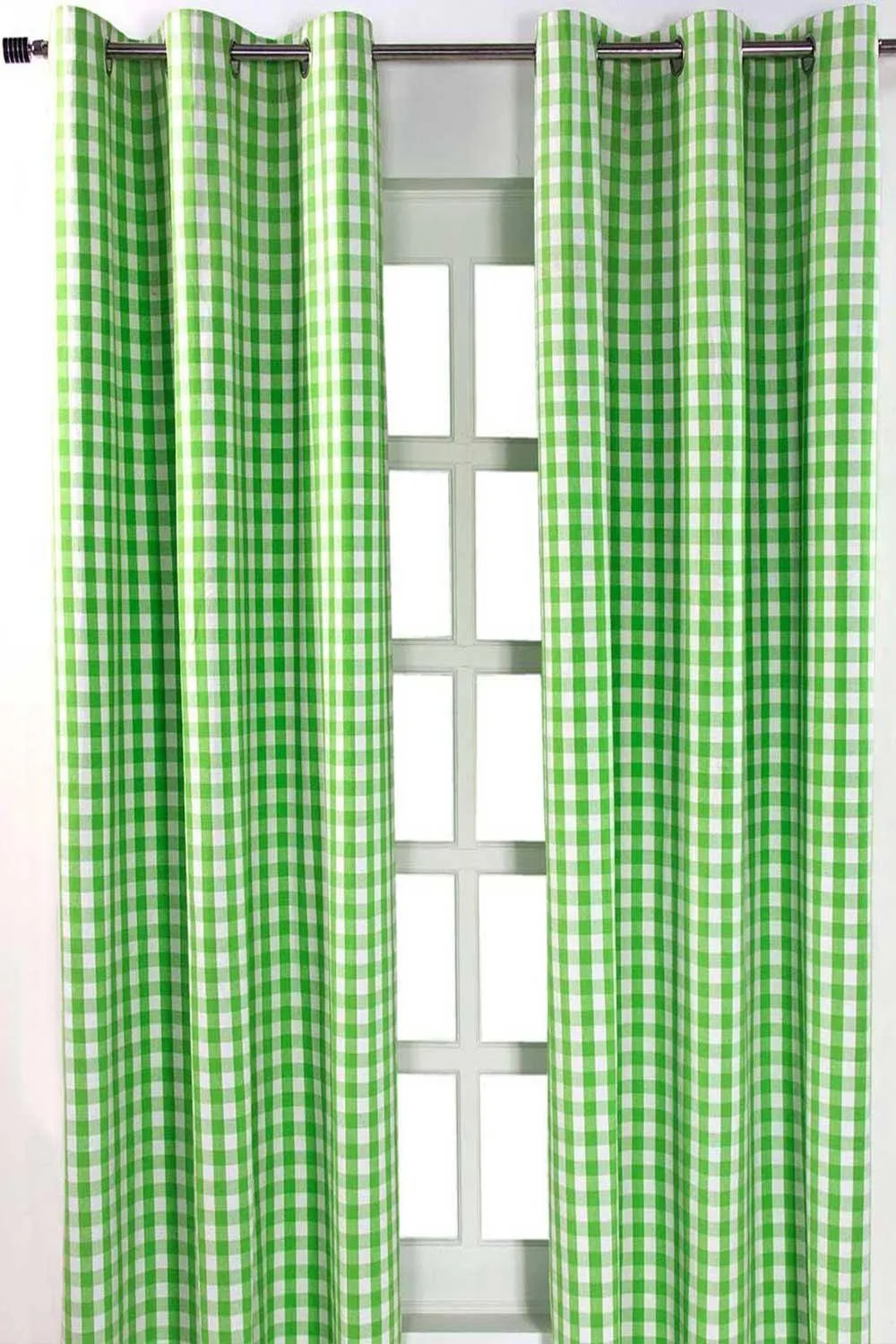 Homescapes Cotton Block Check Gingham Eyelet Curtain Pair in Green 1