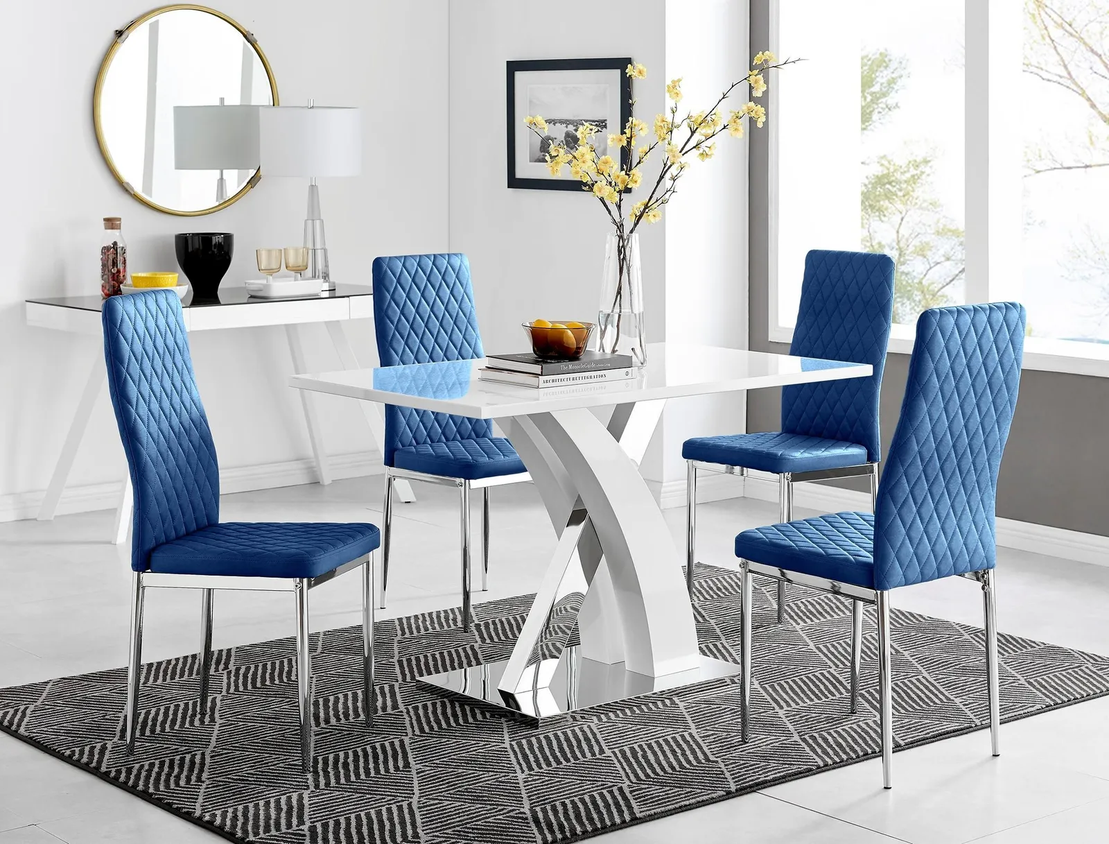FurnitureboxUK Atlanta White High Gloss & Chrome 4 Seater Dining Table with X Shaped Legs & 4 Soft Velvet Milan Chairs in Navy 1