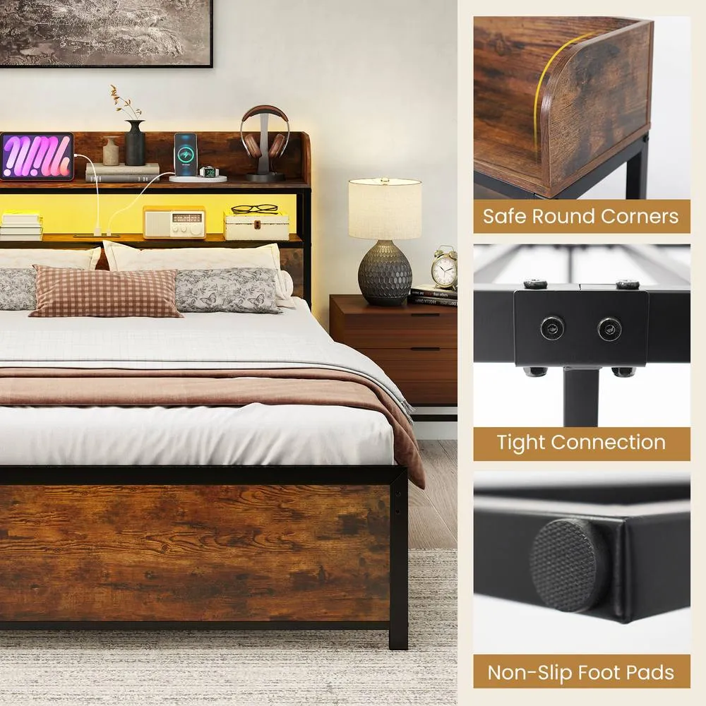 Costway Double Bed Frame w/LED Lights & Power Outlets Platform Bed w/Headboard in Brown 6