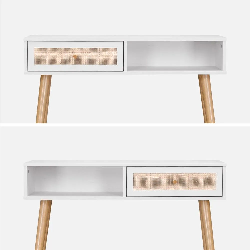 sweeek 100cm Wood & Cane Decor Console Table in White 2