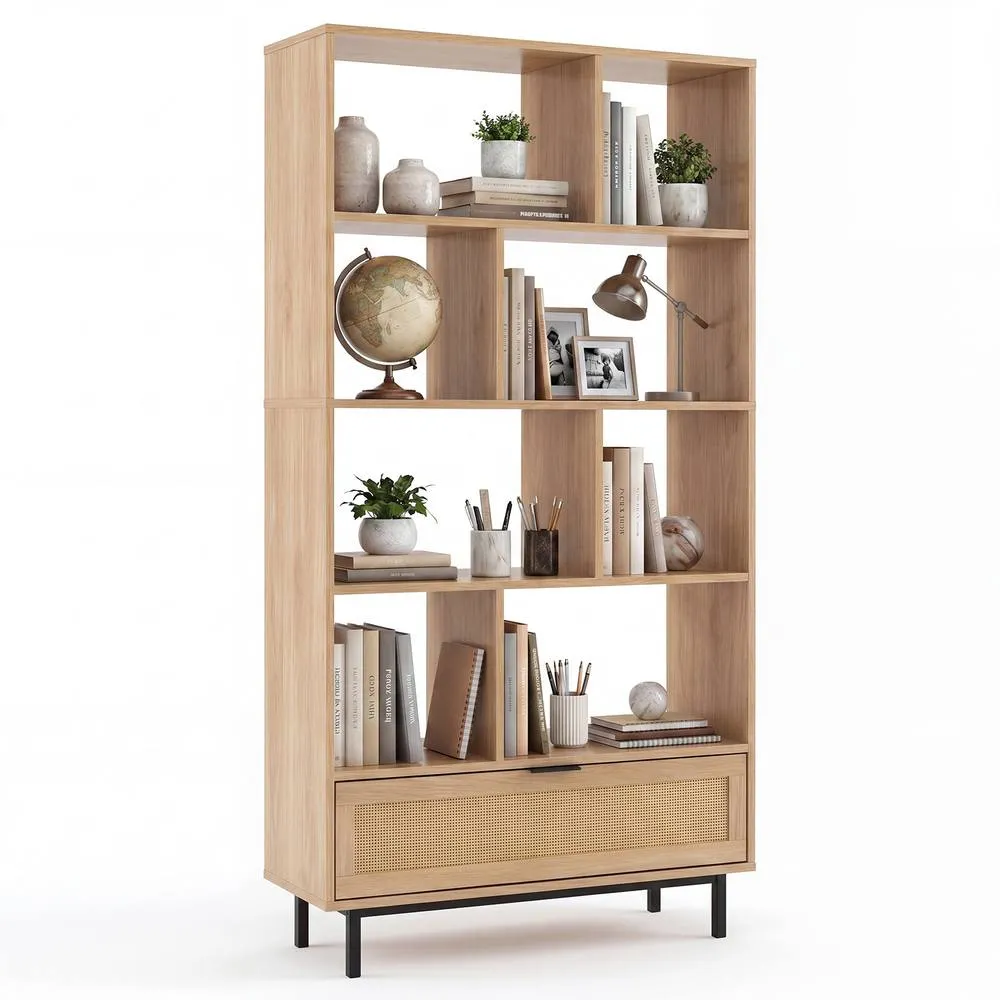 Costway 162cm Tall Wooden Bookcase 6-Tier Bookshelf w/8 Cubes & Rattan Drawer in Natural