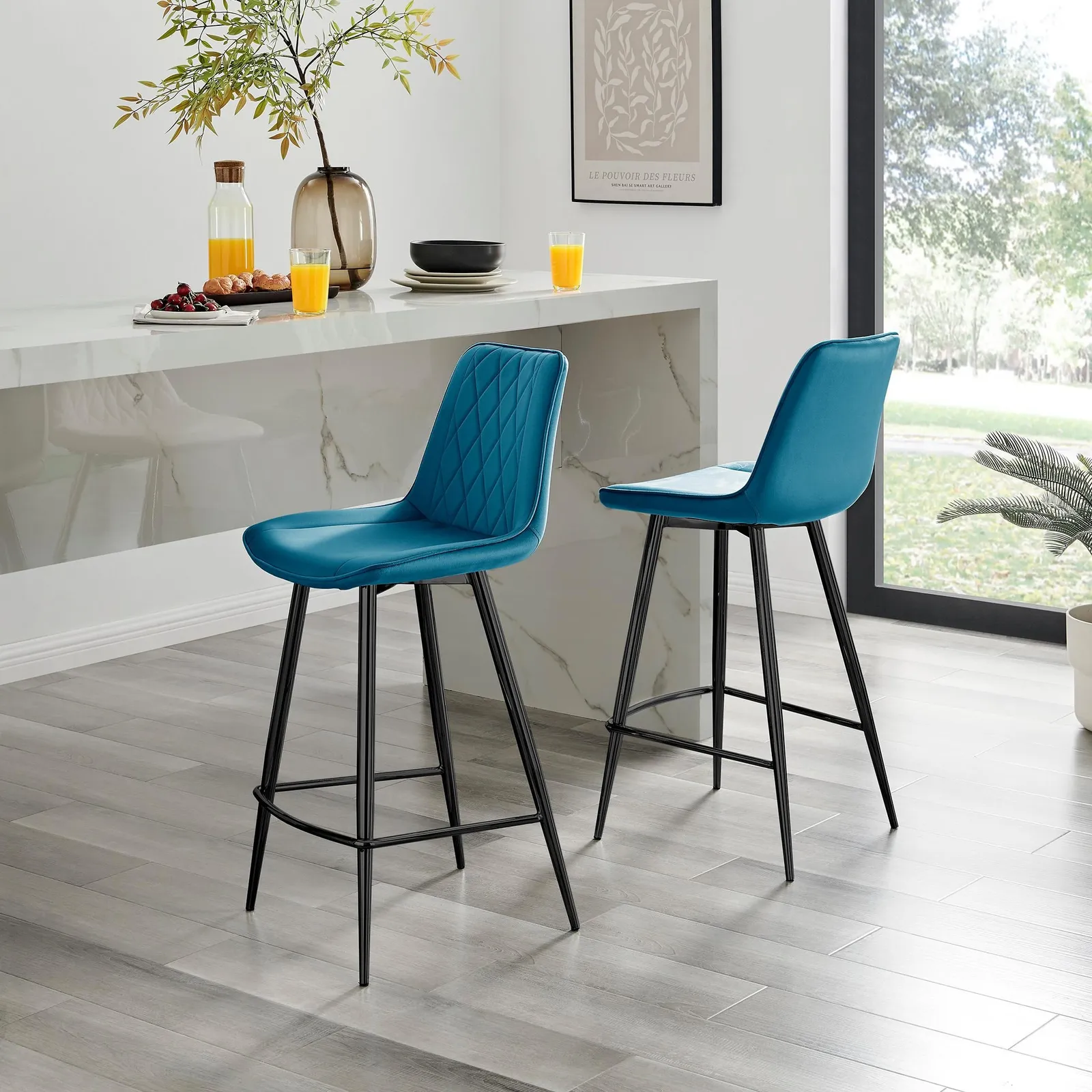 FurnitureboxUK Pesaro Set of 2 Velvet Black Legs Counter Stools in Blue
