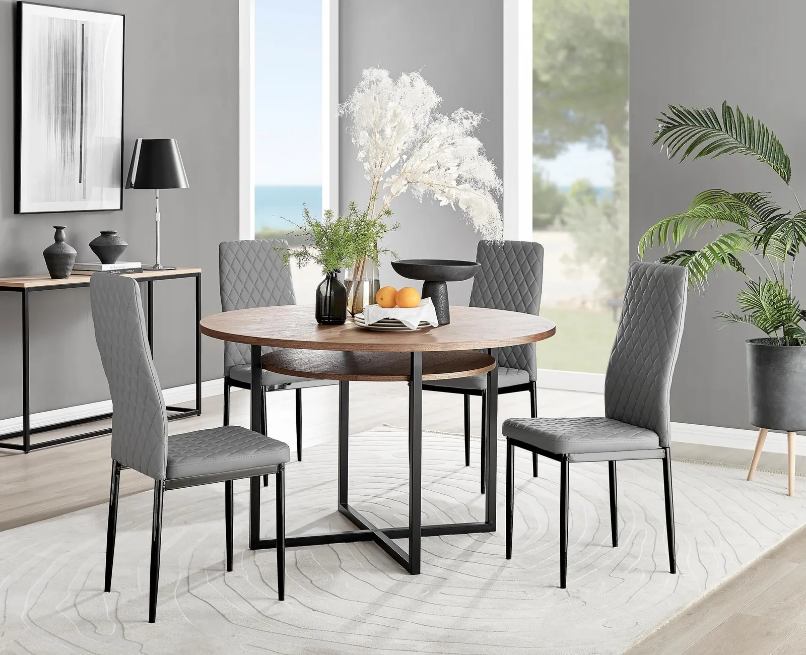 FurnitureboxUK Adley Brown Wood Storage Dining Table & 4 Milan Black Leg Chairs in Grey 1