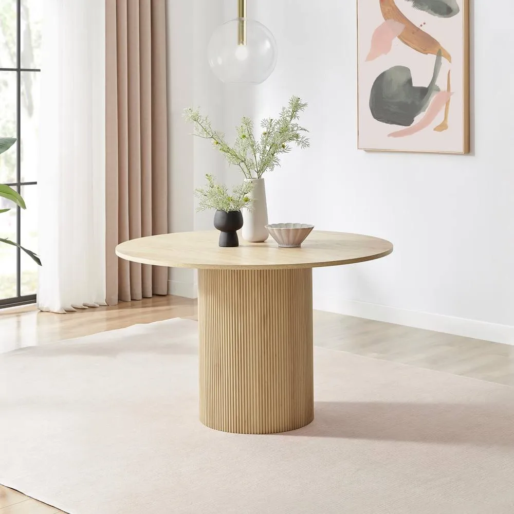 FurnitureboxUK Penrose Oak Effect Round Dining Table & 4 Tan Delta Chairs 2
