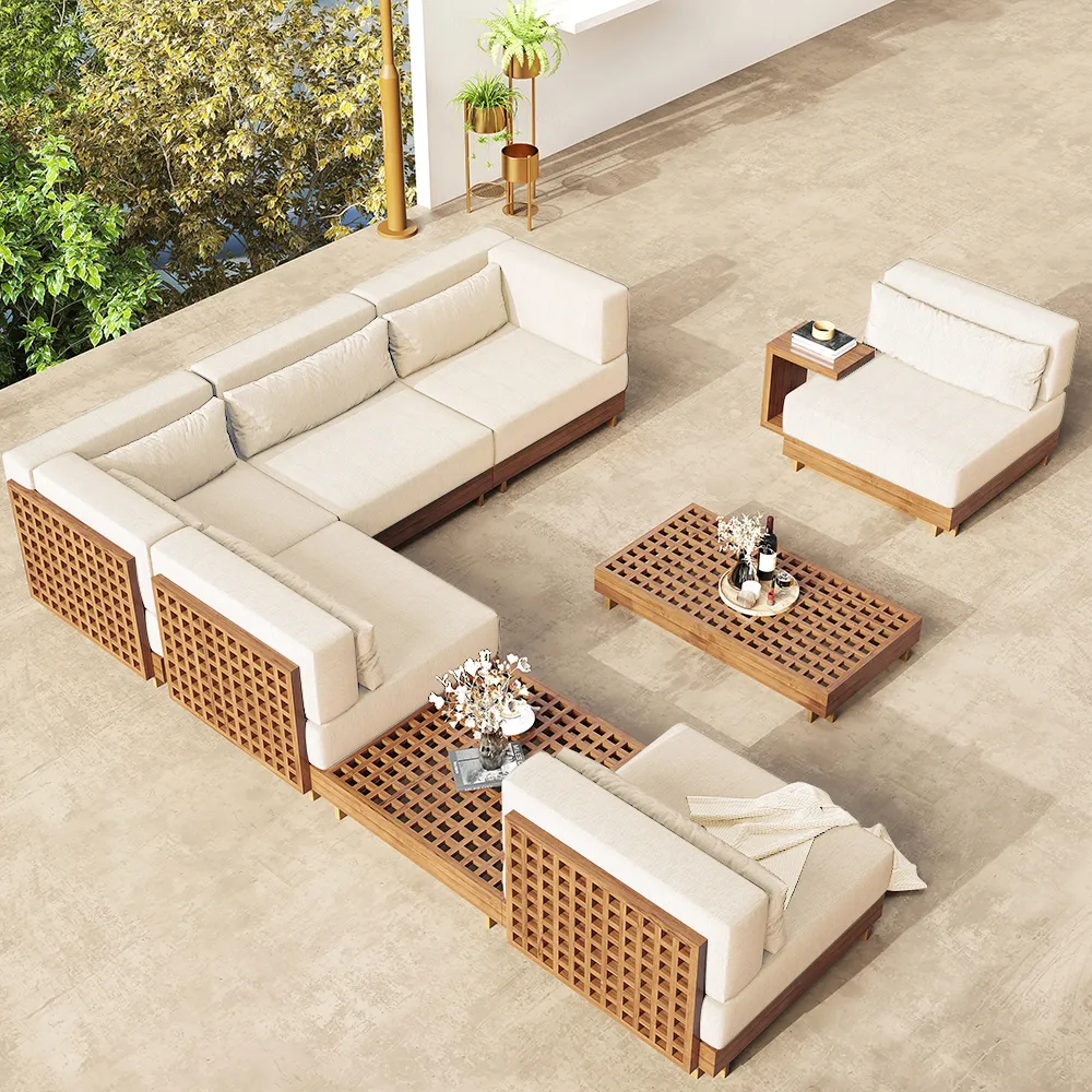 9-Pieces Versatile Whole Teak Luxury Modular L-Shaped Outdoor Patio Sectional Sofa Set in Beige with Coffee Table and Cushions