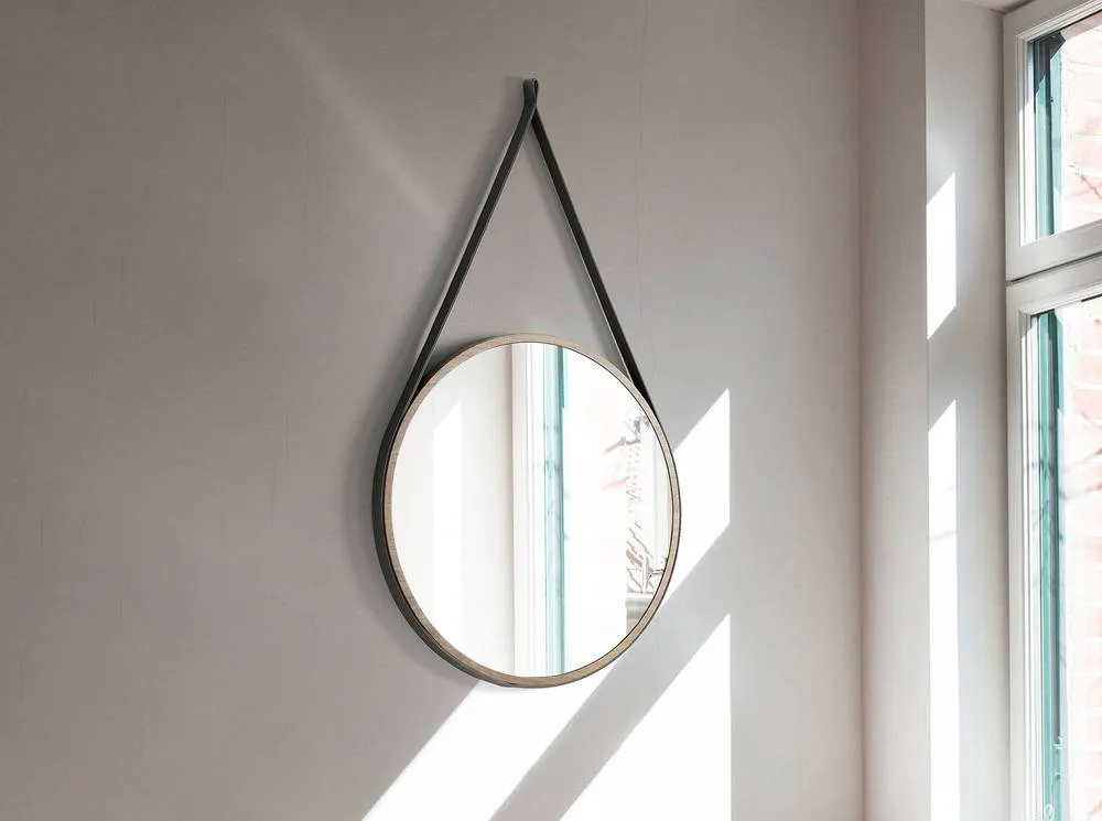 Angel Cerda Round Walnut Wall Mirror 75 cm with Leather Strap 3