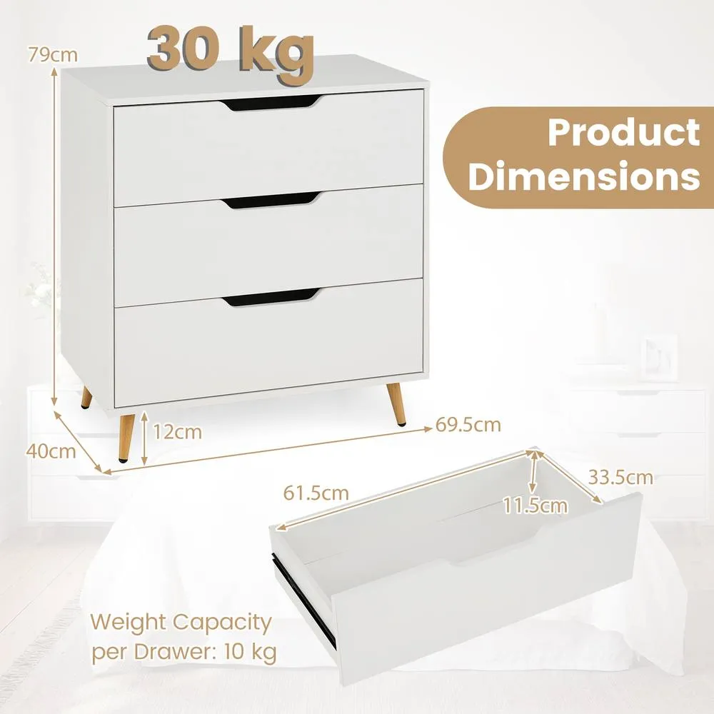Costway Modern 3-Drawer Dresser Wooden Nightstand Tall Chest of Drawers in White 2
