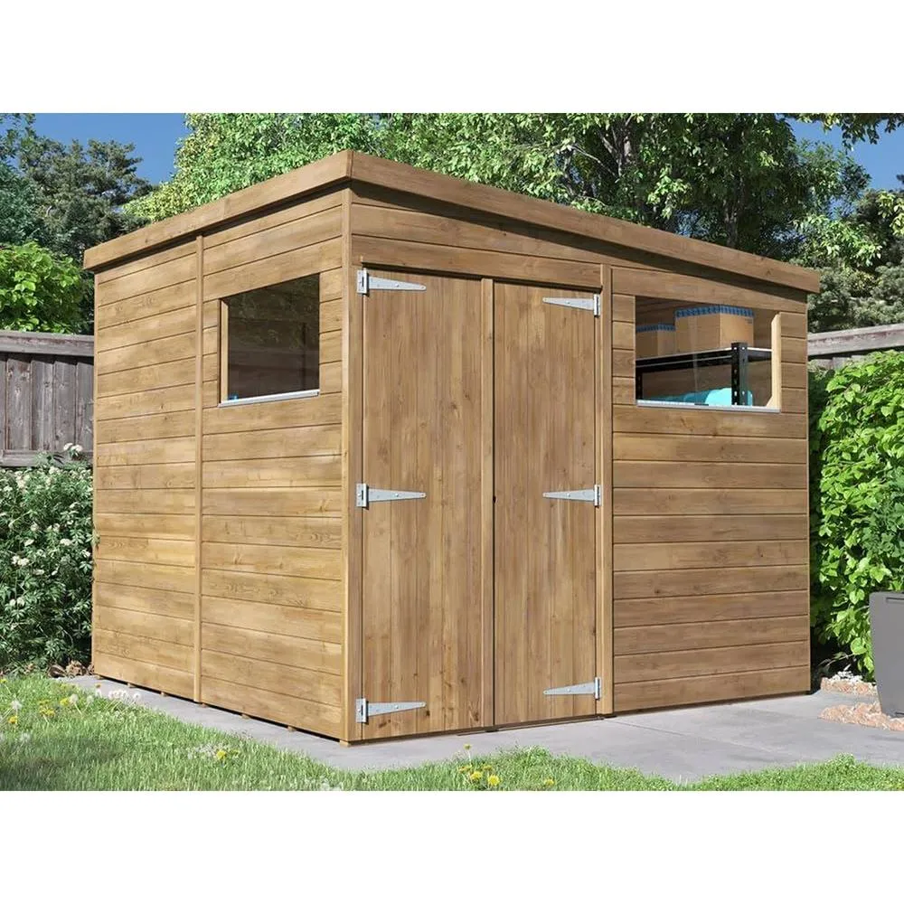Dunster House Wooden Bike Shed Garden Building 2.4 x 2.4m Pent Roof Overlord Modular in Brown 2