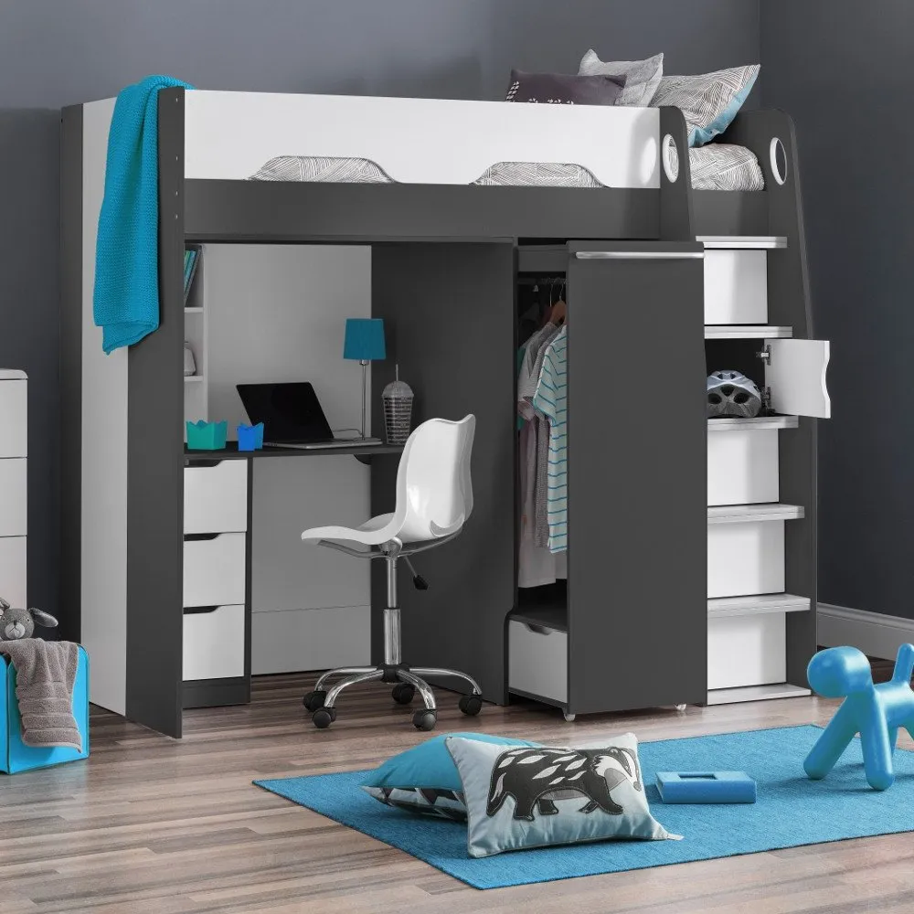 Pegasus - Single - Kids High Sleeper Bed - Grey and White - Wood - 3ft - Happy Beds