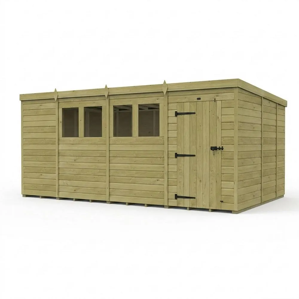 Buttercup Farm 15ft x 9ft Pent Garden Shed Single Door With Windows - Timber in Brown
