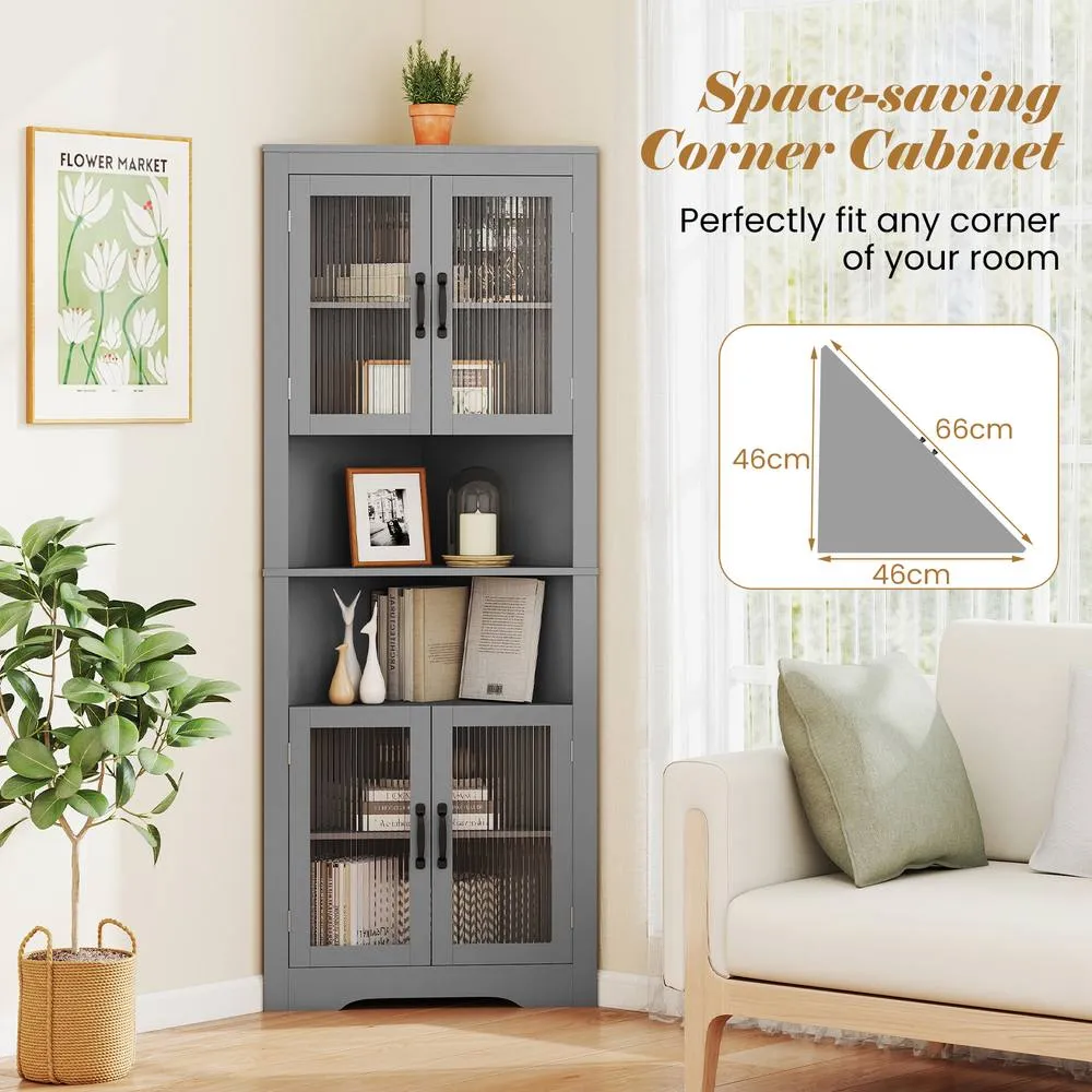 Costway 6-Tier Corner Storage Cabinet 170cm Tall Corner Hutch w/ 4 Glass Doors in Grey 6