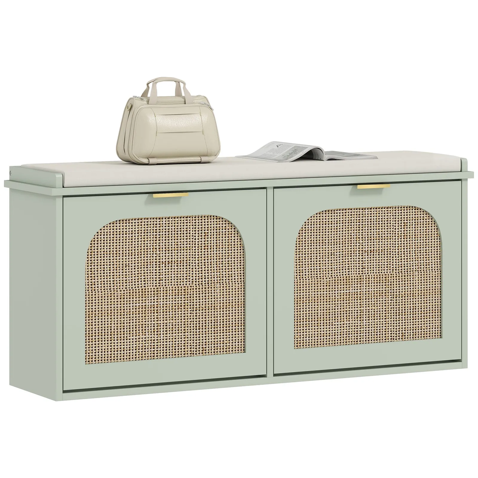 HOMCOM Boho Shoe Bench with Padded Seat & 2 Flip-Drawers in Light Green 2