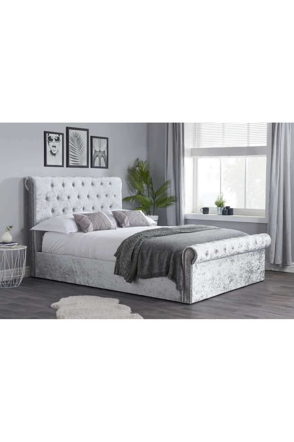 Birlea Grey Fabric Ottoman Bed Frame Storage Sienna Crushed Velvet in Metallic Silver 1