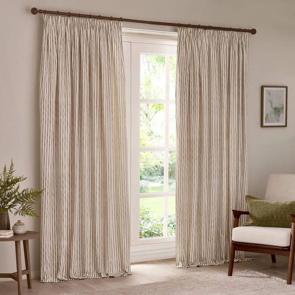 Yard Hebden Striped 100% Cotton Lined Pencil Pleat Curtain Pair in Natural 2