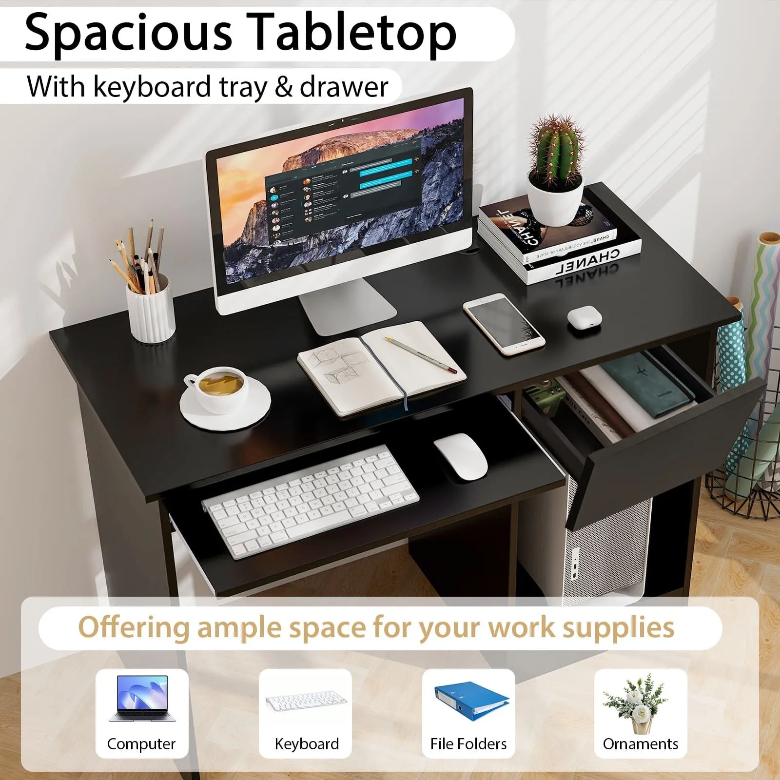 Costway Wooden Computer Desk with Pull-out Keyboard Tray-Black in Black 5