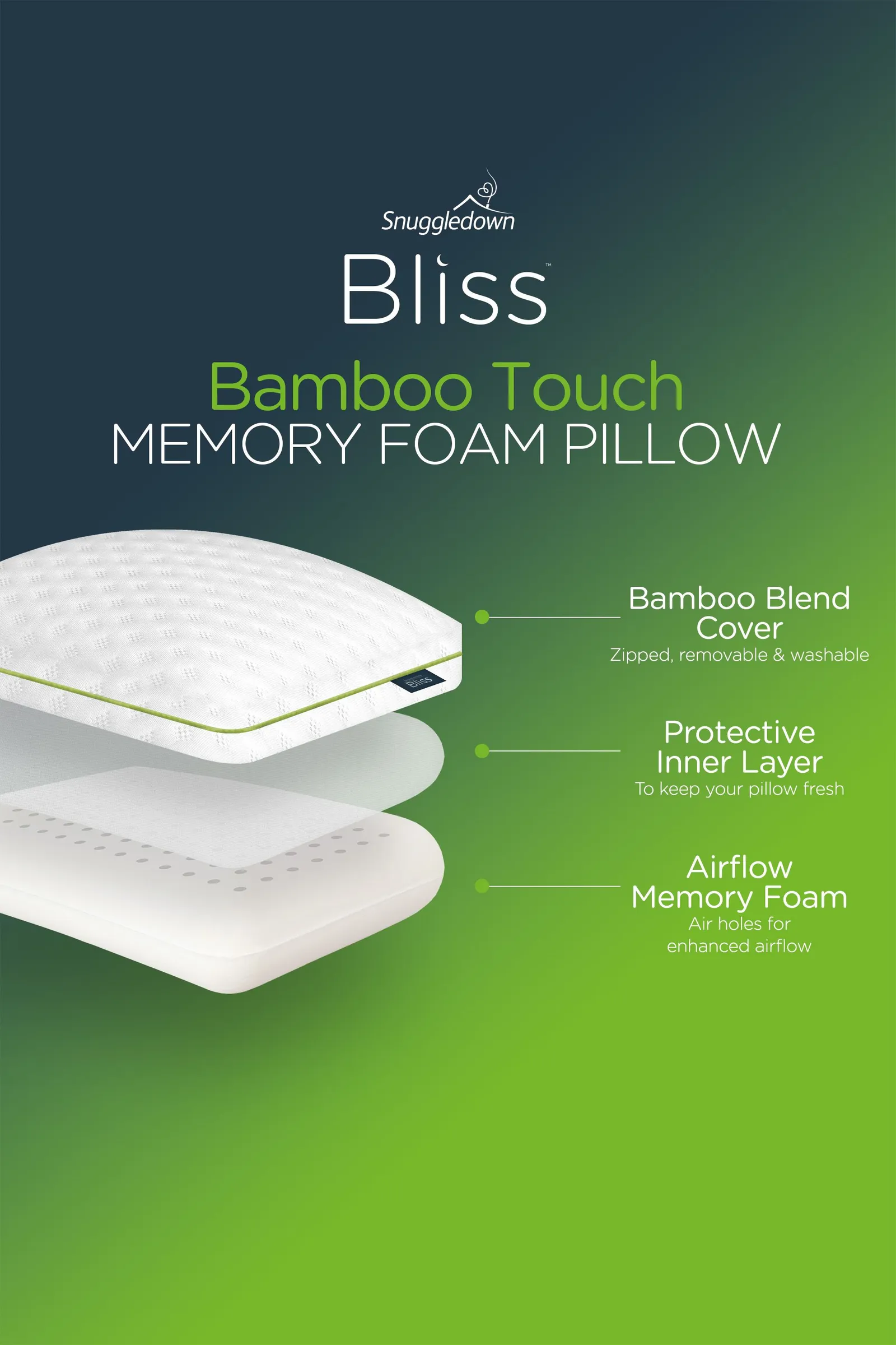 Snuggledown Single Bliss Bamboo Touch Memory Foam Deep Filled Side Sleeper Pillow in White 2