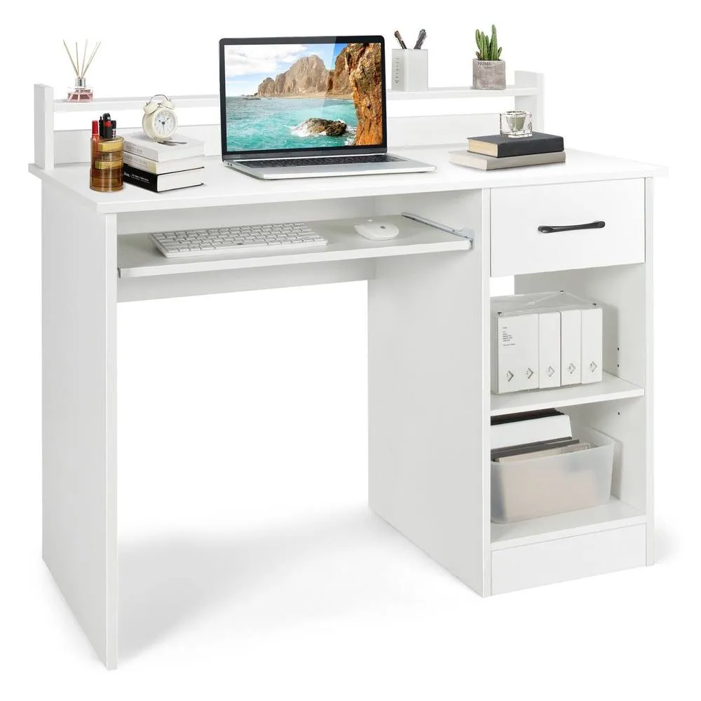 Costway Wooden Computer Desk W/ Keyboard Tray Writing Workstation Vanity Table in White 3