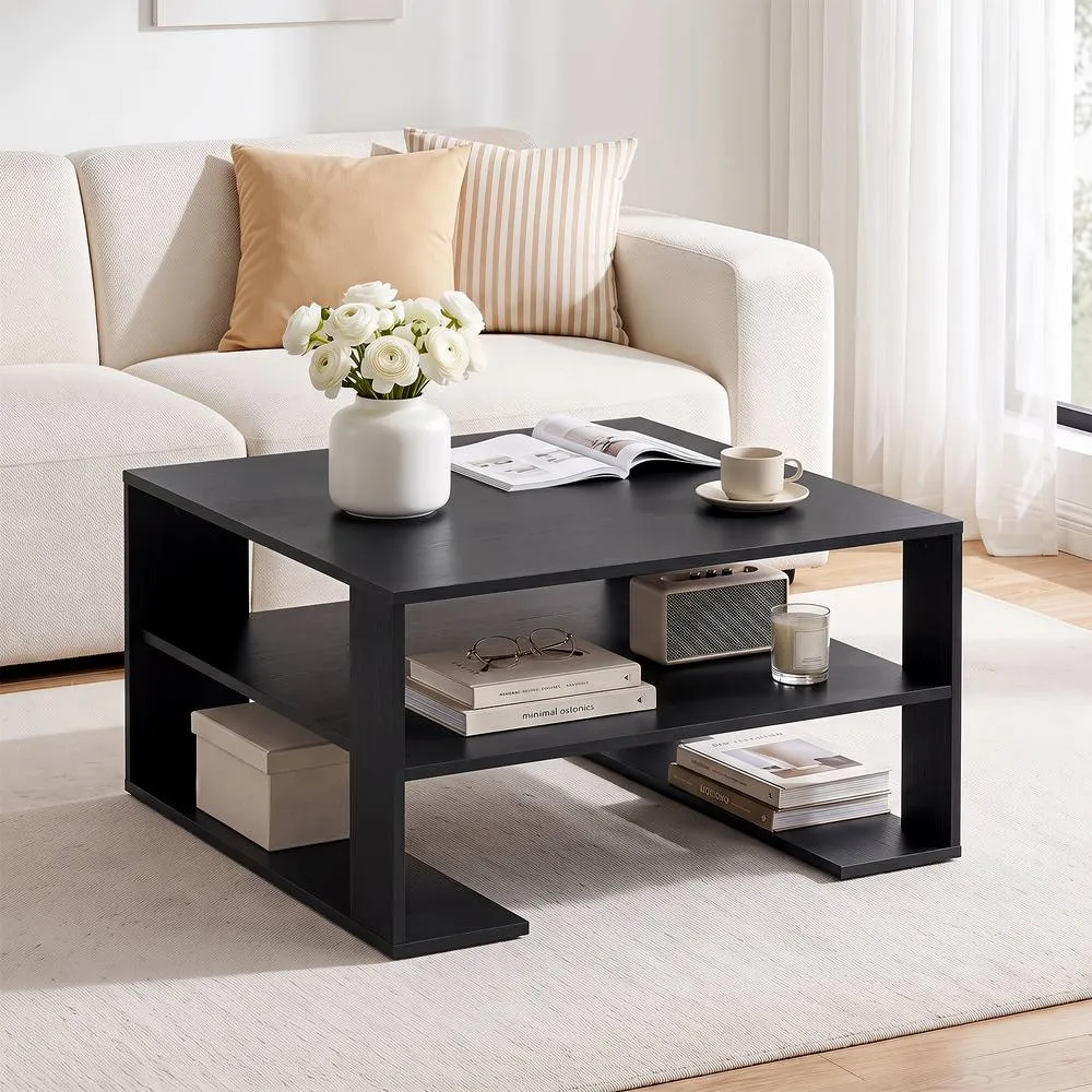 Costway Square Coffee Table Modern Compact Center Table with Open Shelf in Black 3