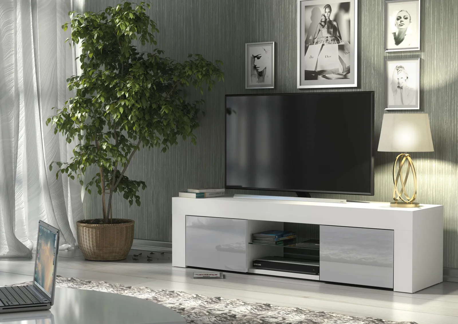 Creative Furniture TV Unit 130cm Modern - White with High Gloss Grey Doors 2