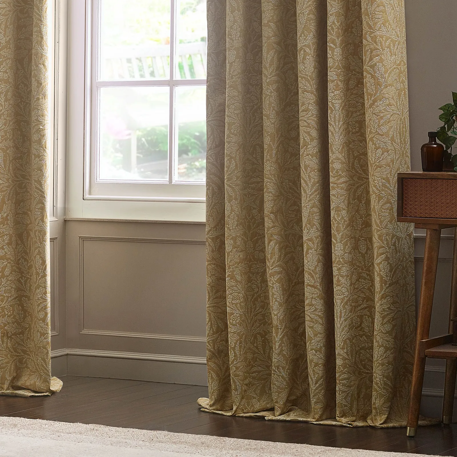 Morris & Co Acorn Tonal Fully Lined Matt Jacquard Pencil Pleat Curtains in Gold 4