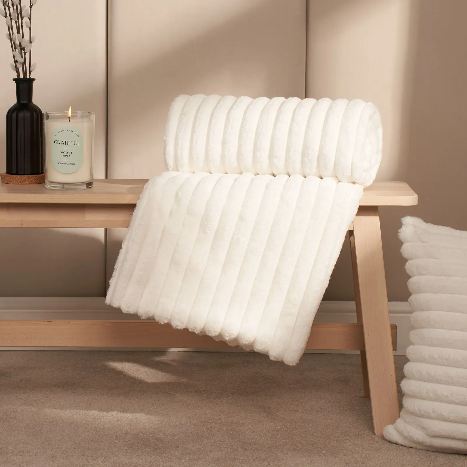 OHS Ribbed Faux Fur Throw Super Soft Fluffy Thick Fleece Bed Blanket in White
