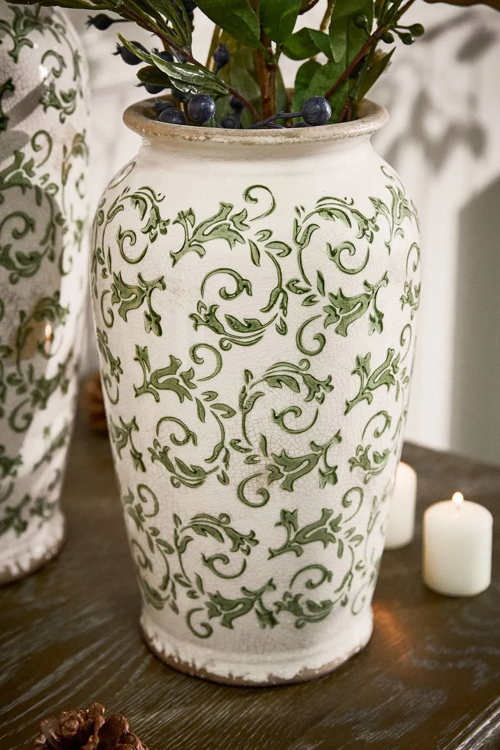 Dibor Vintage Irina Green Small Botanical Flower Urn Vase H29 x Dia16cm in Cream