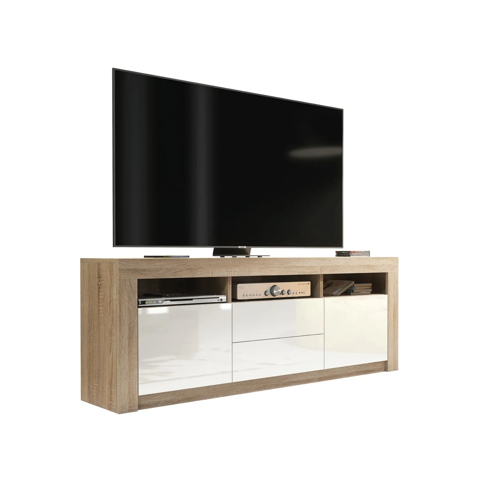 Creative Furniture TV Unit 160cm Modern - Oak with High Gloss White Doors in Light Oak 5